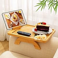 Vista 10 de SINWANT Bandeja de brazo de sofá, clip de sofá de bambú en la mesa auxiliar, mesa plegable con soporte para teléfono de 360°, bandejas de alimentos
