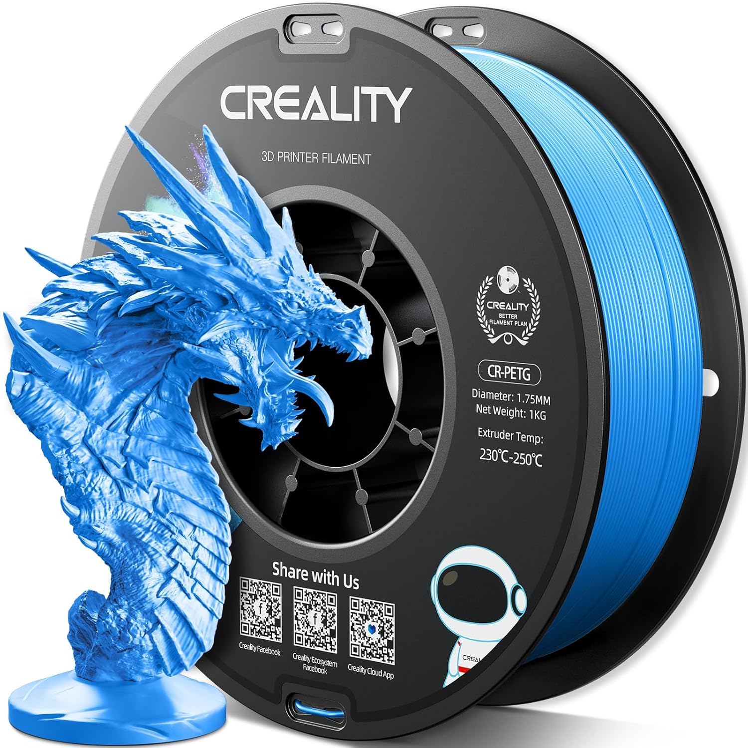 Official Creality PETG 3D Printer Filament 1.75mm 1KG (2.2lbs), High Precision, Strong Toughness, Odorless, Better Flow, Moistureproof 3D Printing CR PETG Filament, New Digital Blue