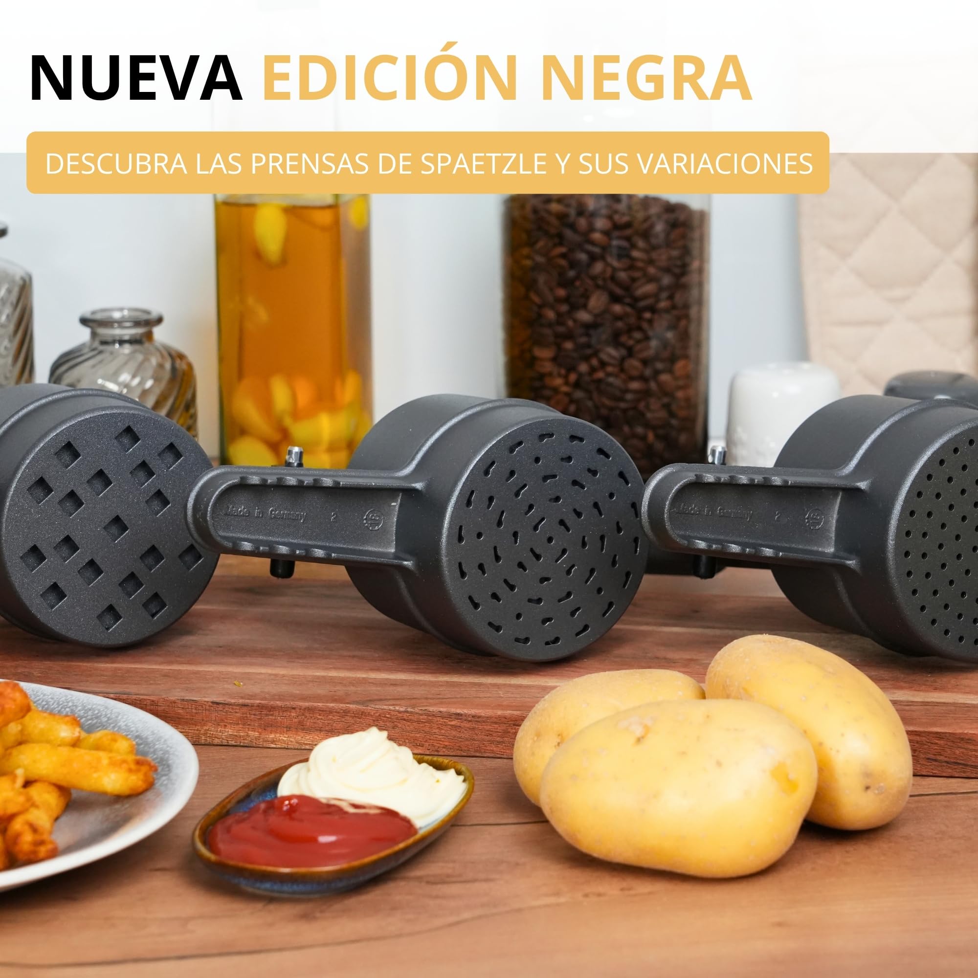 Westmark Prensa para patatas fritas, Prensa para churros, prensa para patatas de aluminio, Para patatas, churros y patatas fritas, Plateada, 41 cm
