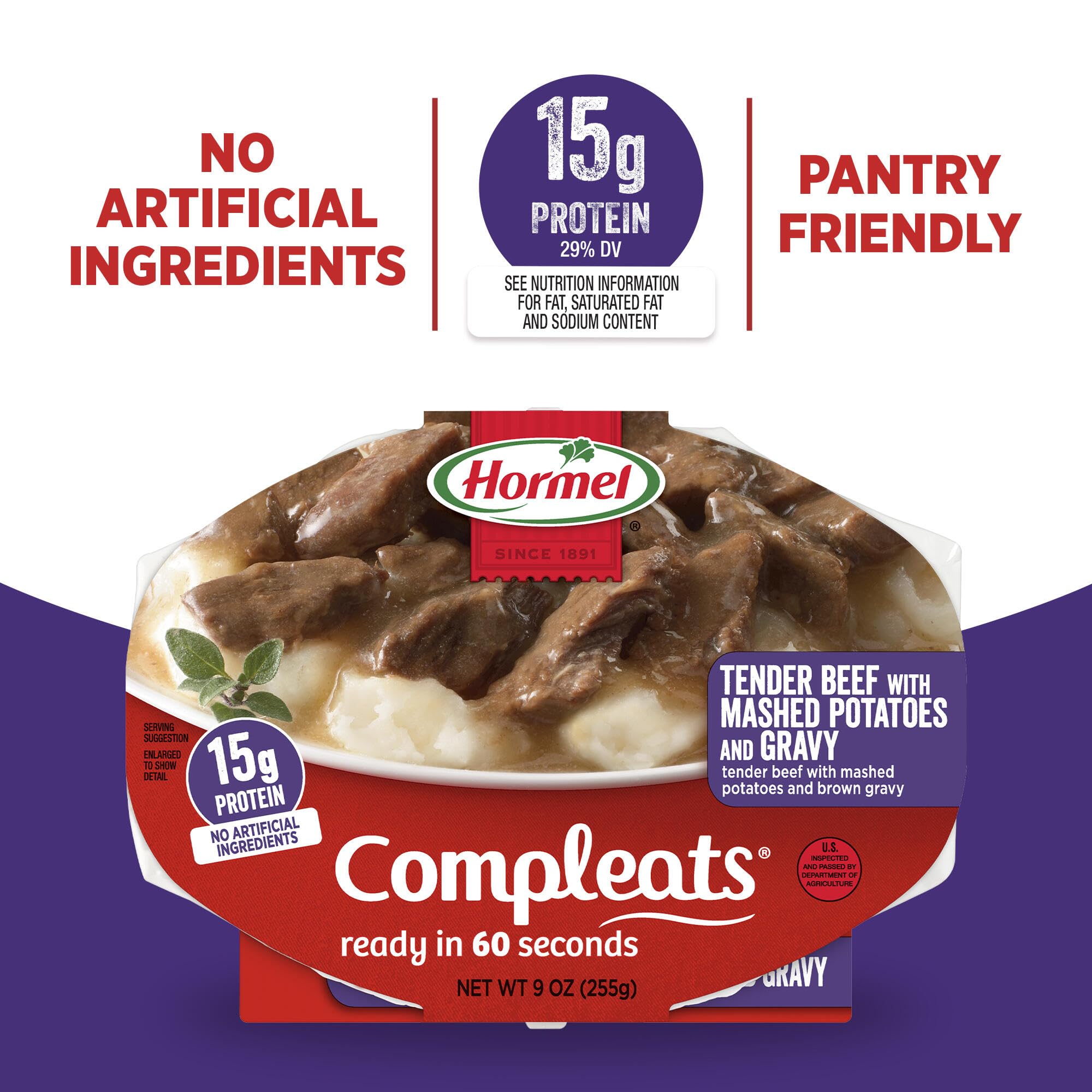 HORMEL COMPLEATS Tender Beef With Mashed Potatoes & Gravy Microwave Tray, 9 oz. (6 Pack)