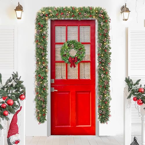 Miniatura 6 de TigeJoy Guirnalda de Navidad preiluminada de 9 pies con 100 luces LED temporizadoras, guirnalda de nieve con bayas rojas, piñas reales y ramas de