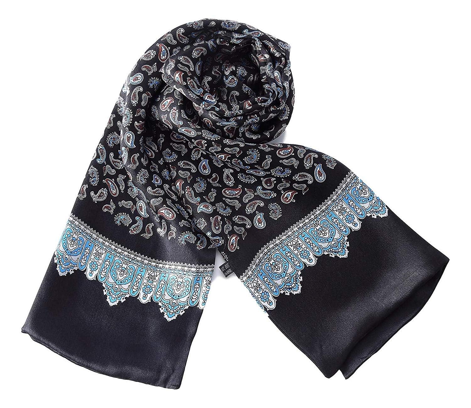 UK_Stone 100% Silk Paisley Flowers Scarf Men's Scarf - Black - One size