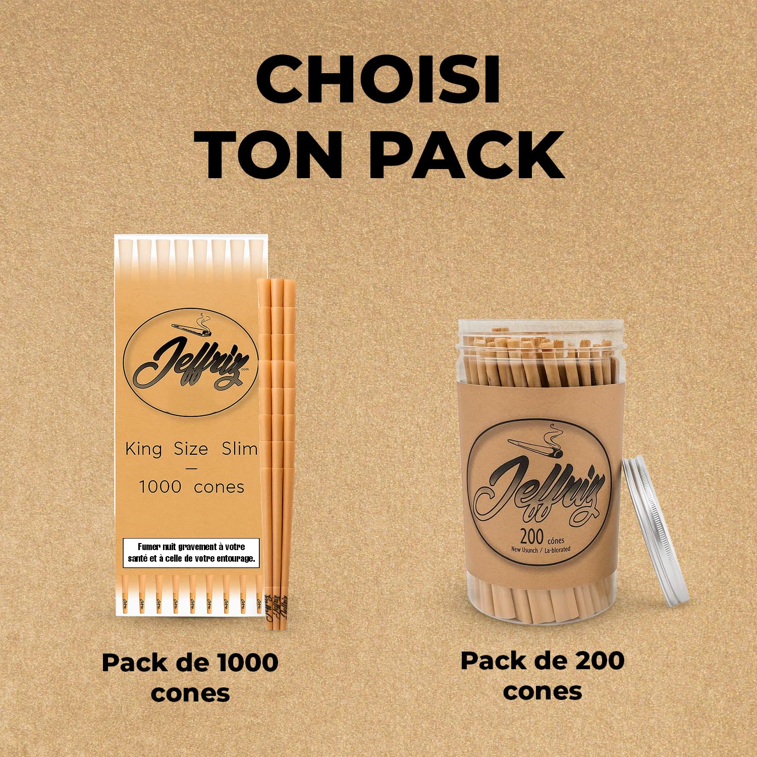 Cônes Pré-Roulés | 1000 cones | JEFFRIZ | King Size Slim 110mm Pre Rolls Papier Brun Naturel Non Blanchi avec Filtres | Combustion Lente | Entonnoir de Remplissage & Tube Anti-Odeur Inclus | Pack XXL