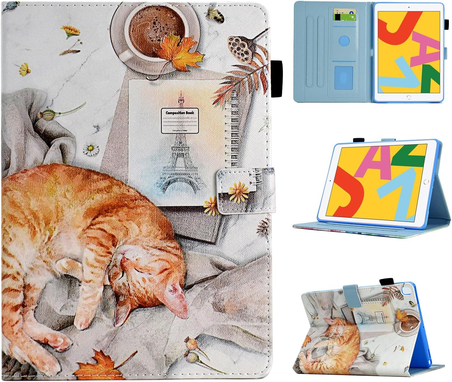 BYCeKe Cute Cat for iPad 10.2 9th Generation Case 9th/8th/7th Gen (10.2-inch, 2021/2020/2019), Premium PU Leather Smart Folio Stand Cover with Auto Sleep Wake and Multiple Viewing Angles, Lazy Cat