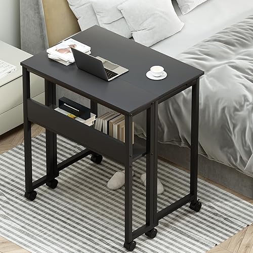 Miniatura 2 de GreenForest Escritorio plegable pequeño con estante de almacenamiento, escritorio plegable para computadora de 31.5 pulgadas con ruedas para espacio