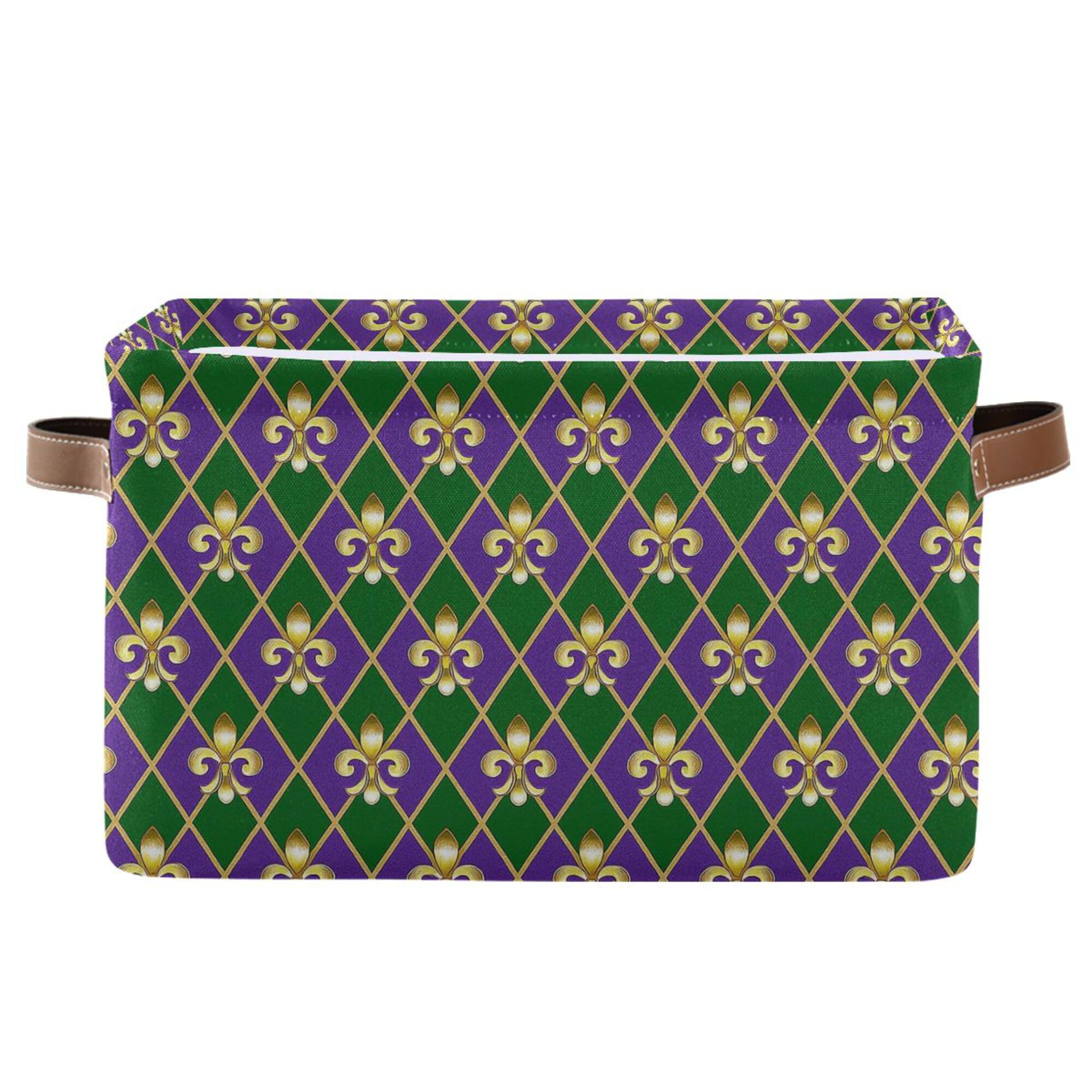 Happy Mardi Gras Green Purple Storage Basket with Waterproof Liner and PU Handles Fleur de Lis Buffalo Plaid Storage Bins Boxes 14.2" Collapsible Decorative Organizer Baskets for Bedroom Office 1 Pack