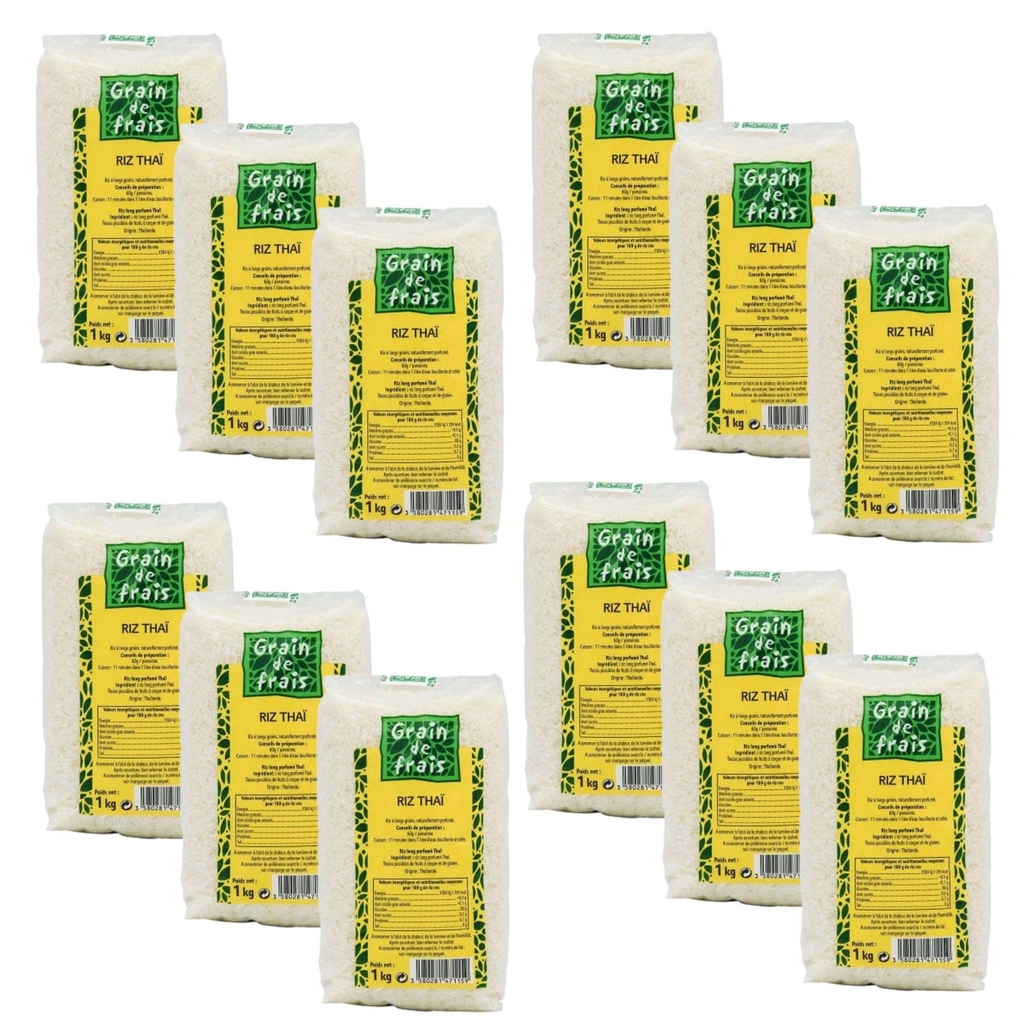 Lote de 12 arroz aromático tailandés – grano fresco – paquete de 1 kg