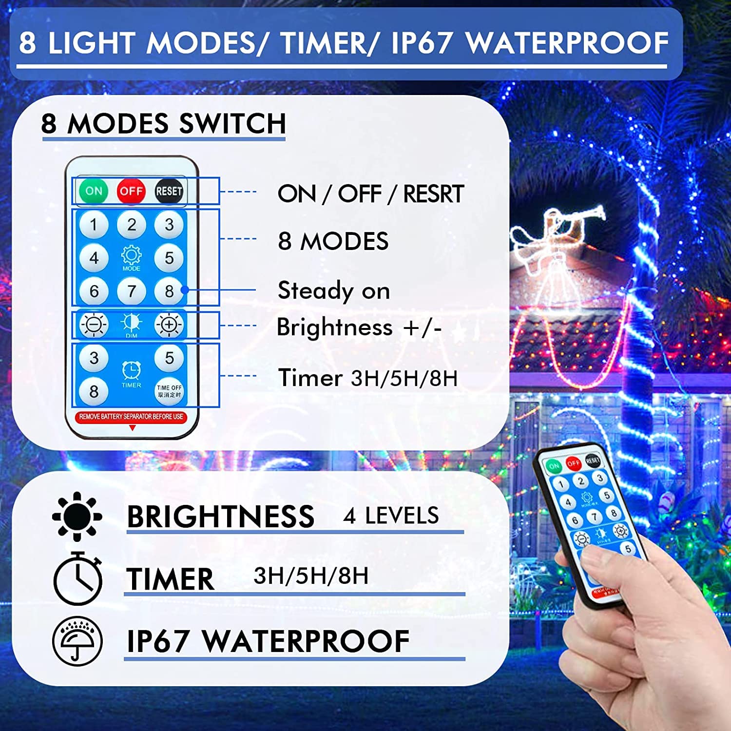 KINGCOO Zewnętrzne lampki solarne 300 LED, wodoodporne, 32 m, przewód miedziany, łańcuch świetlny z pilotem i timerem, do ogrodu, na drzewo, wesele, przyjęcie, Boże Narodzenie, dekoracja (niebieska)