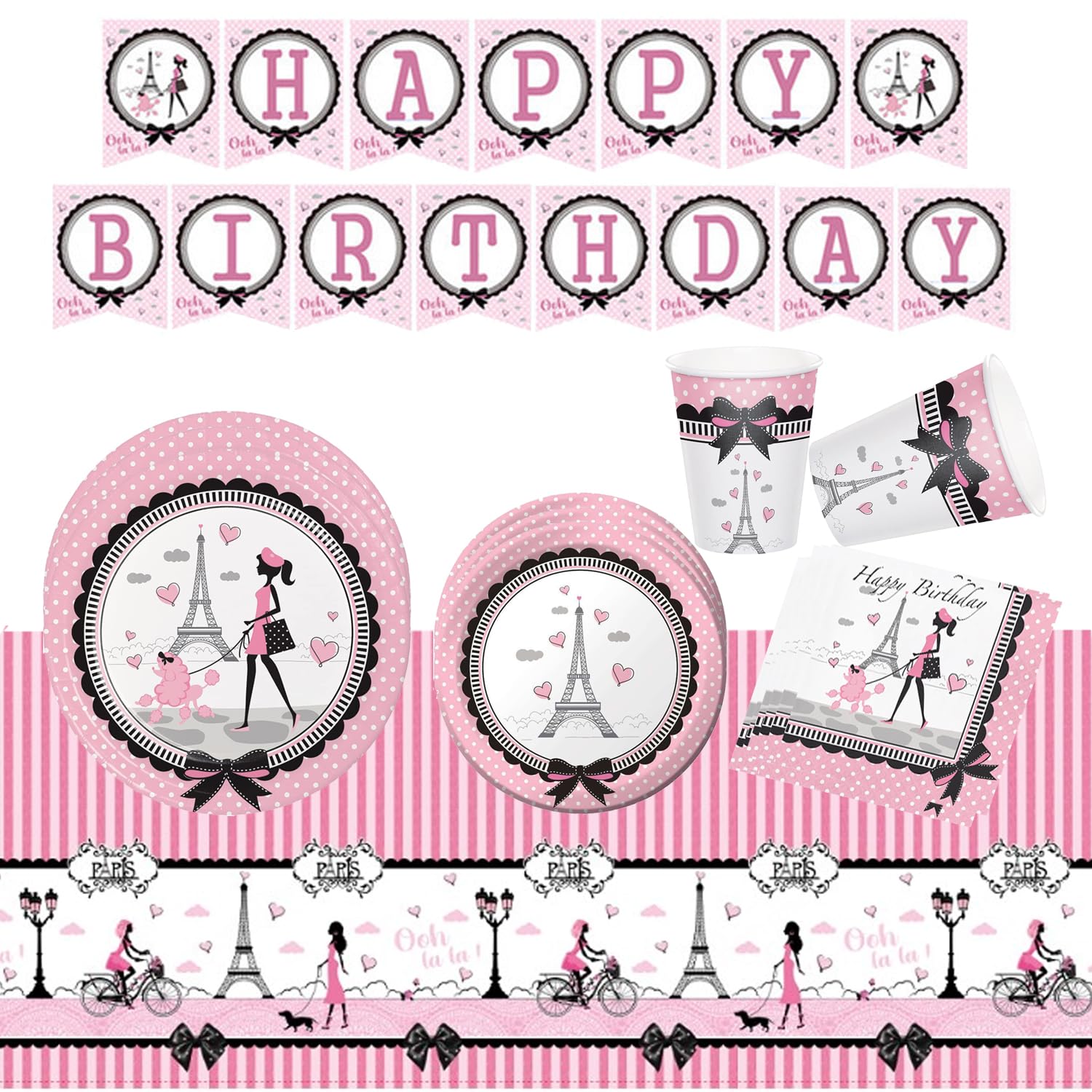 Paris Party Decorations Eiffel Tower Pink Tableware Set Paris Plates Napkins Dream Paris Themed Cake Toppers Balloons for Girls Birthday Wedding Baby Shower Bridal Shower Decoration
