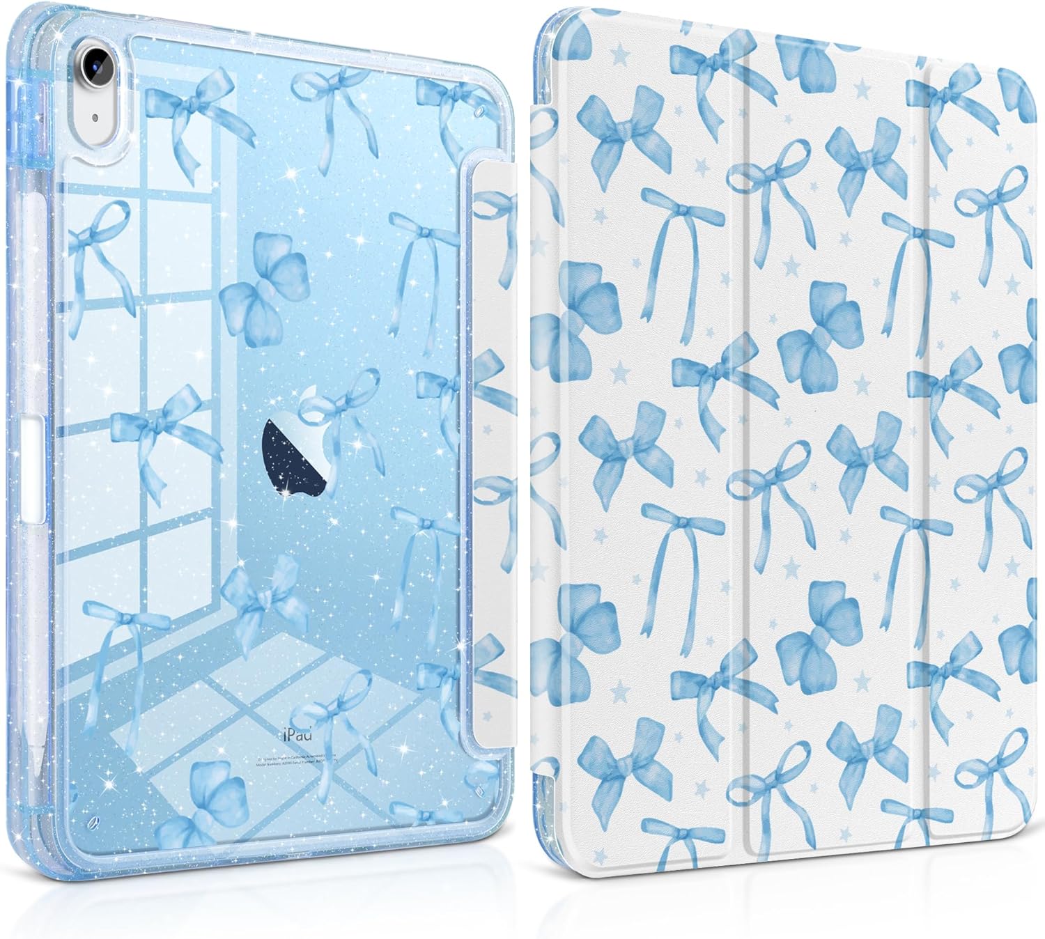 TWOLSKOO Glitter Case for iPad Air 11 inch M4 2026 / M3 2025 / M2 2024 - Sparkly Bling Bling Hard Acrylic Back with Pencil Holder, Slim Trifold Stand Folio Cover, Auto Sleep/Wake, BlueBows