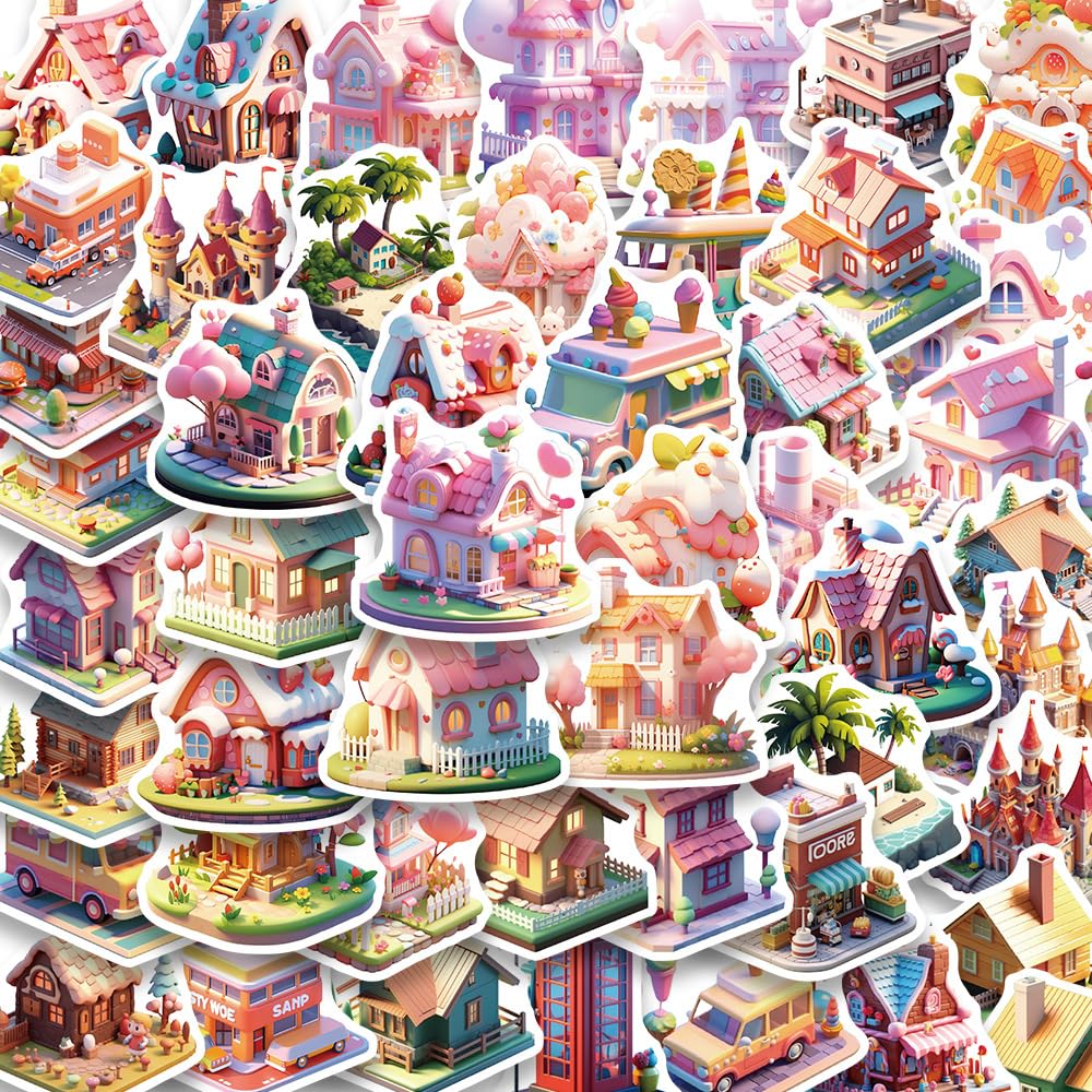 50Pcs 3D Miniature Scene Stickers Laptop Car Scrapbook Phone Skateboard Suitcase Luggage Bike Scene Stickers Vinyl Waterproof Aesthetic Personalised Stickers for Teens Boys Girls Adults Children