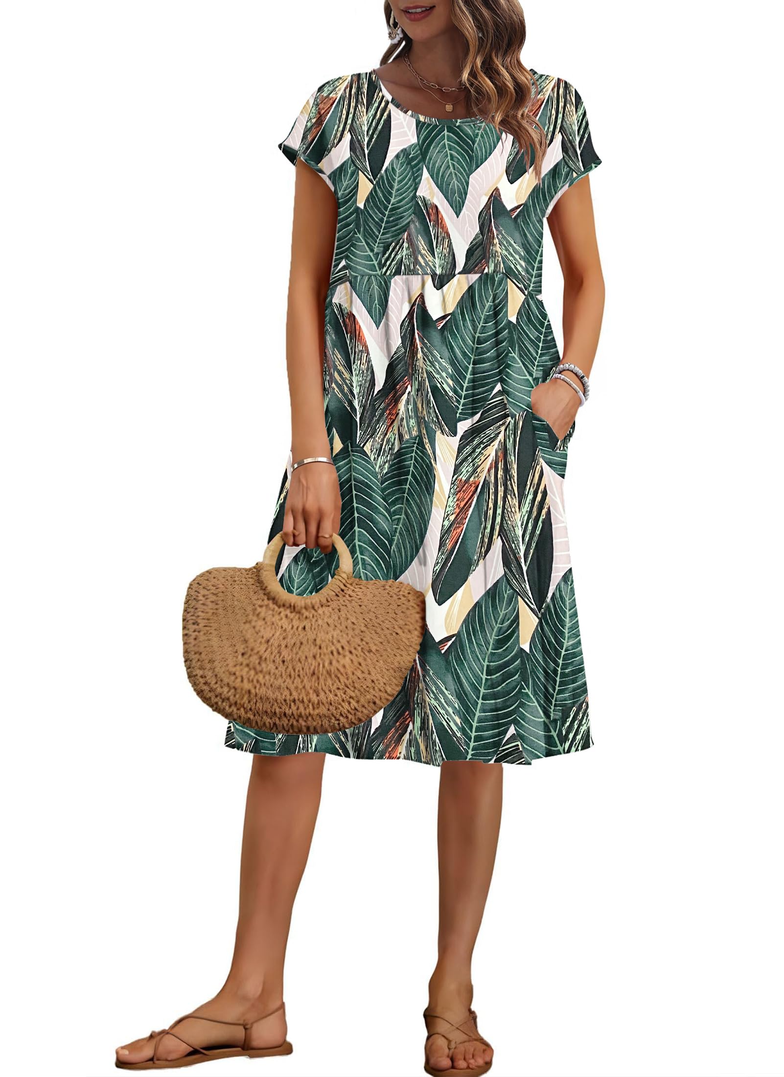 AUSELILY Vestito Estivo da Donna a Maniche Corte Abiti Casual Larghi Abito al Ginocchio con Scollo a Girocollo e Tasche