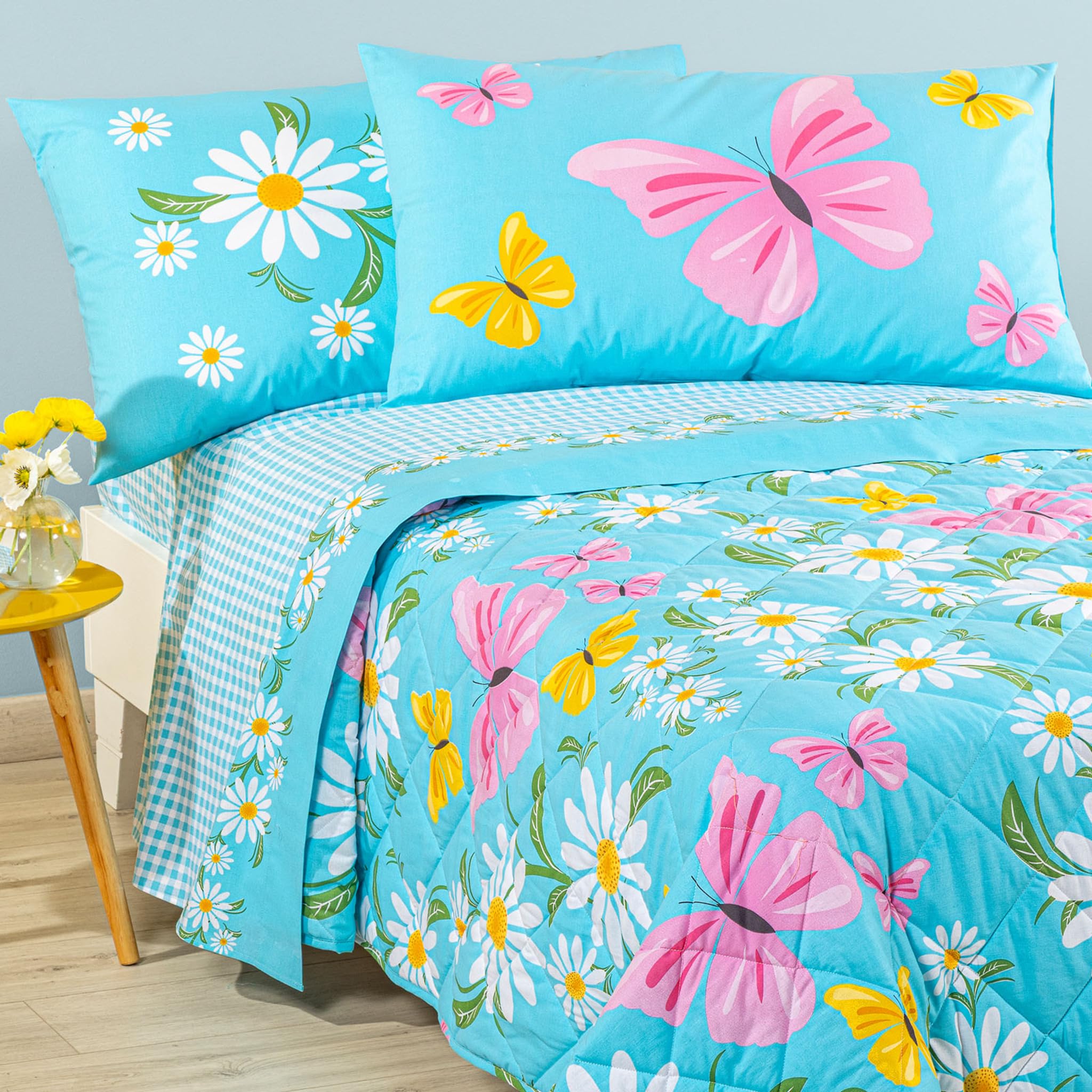 Caleffi Copriletto trapuntato singolo Art. Margherite 165x265 cm in cotone colore Azzurro | Trapuntino leggero primaverile per letto una piazza