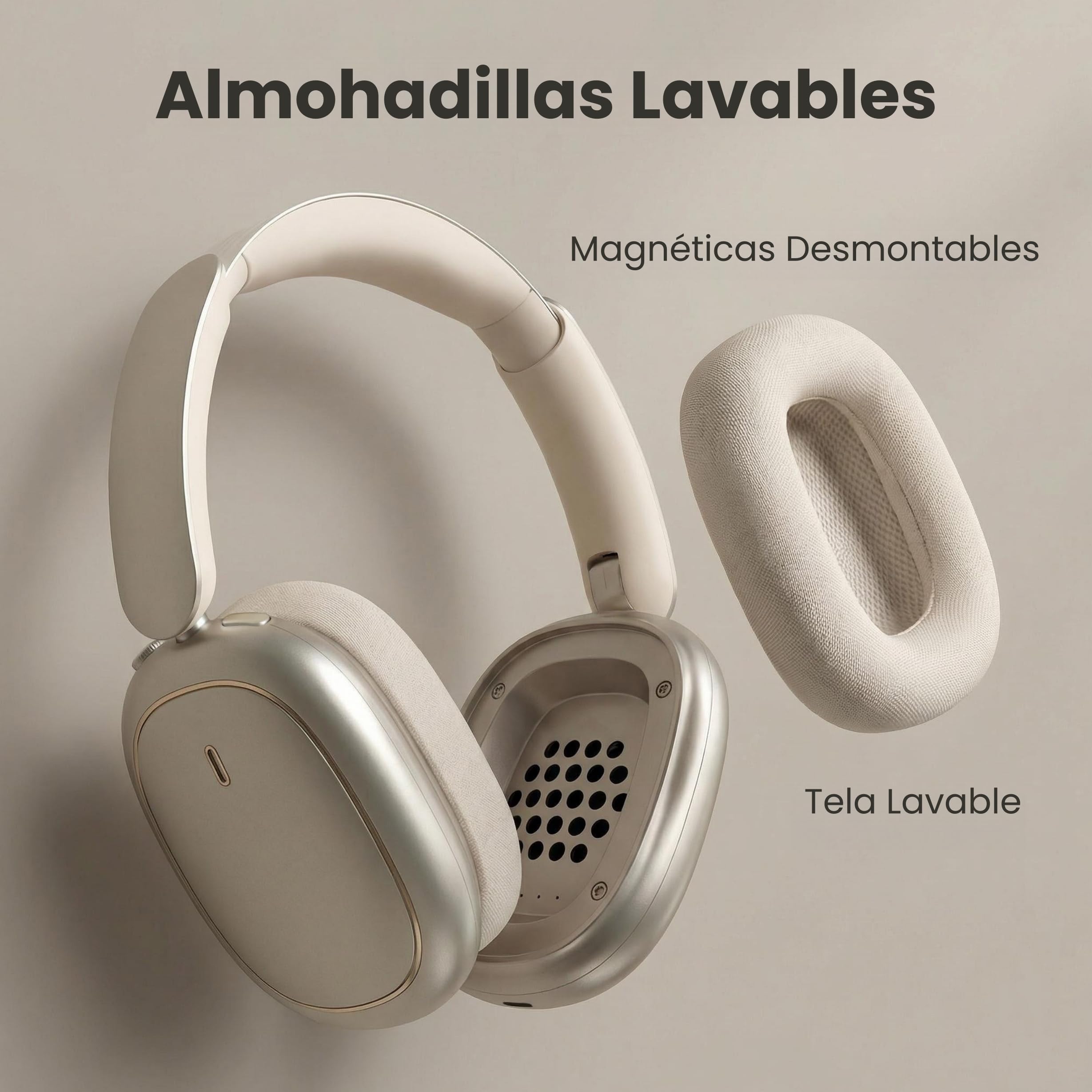 ND905-ANC Auriculares Inalámbricos Diadema Bluetooth 5.4, Cancelación Ruido Activa (3 Modos), 3 Ecualizadores, 40H Autonomía, Almohadillas Magnéticas y Conexión Dual (Beige)