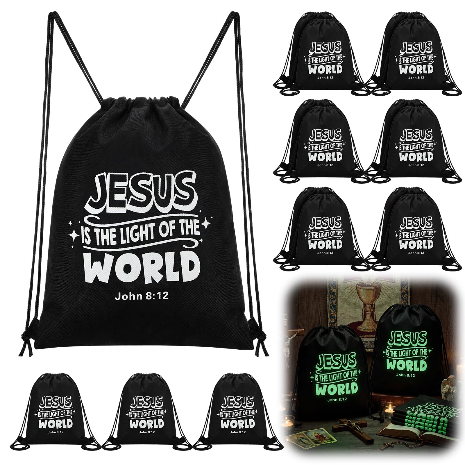 15 Pcs Jesus Is The Light of The World Drawstring Backpacks Bulk