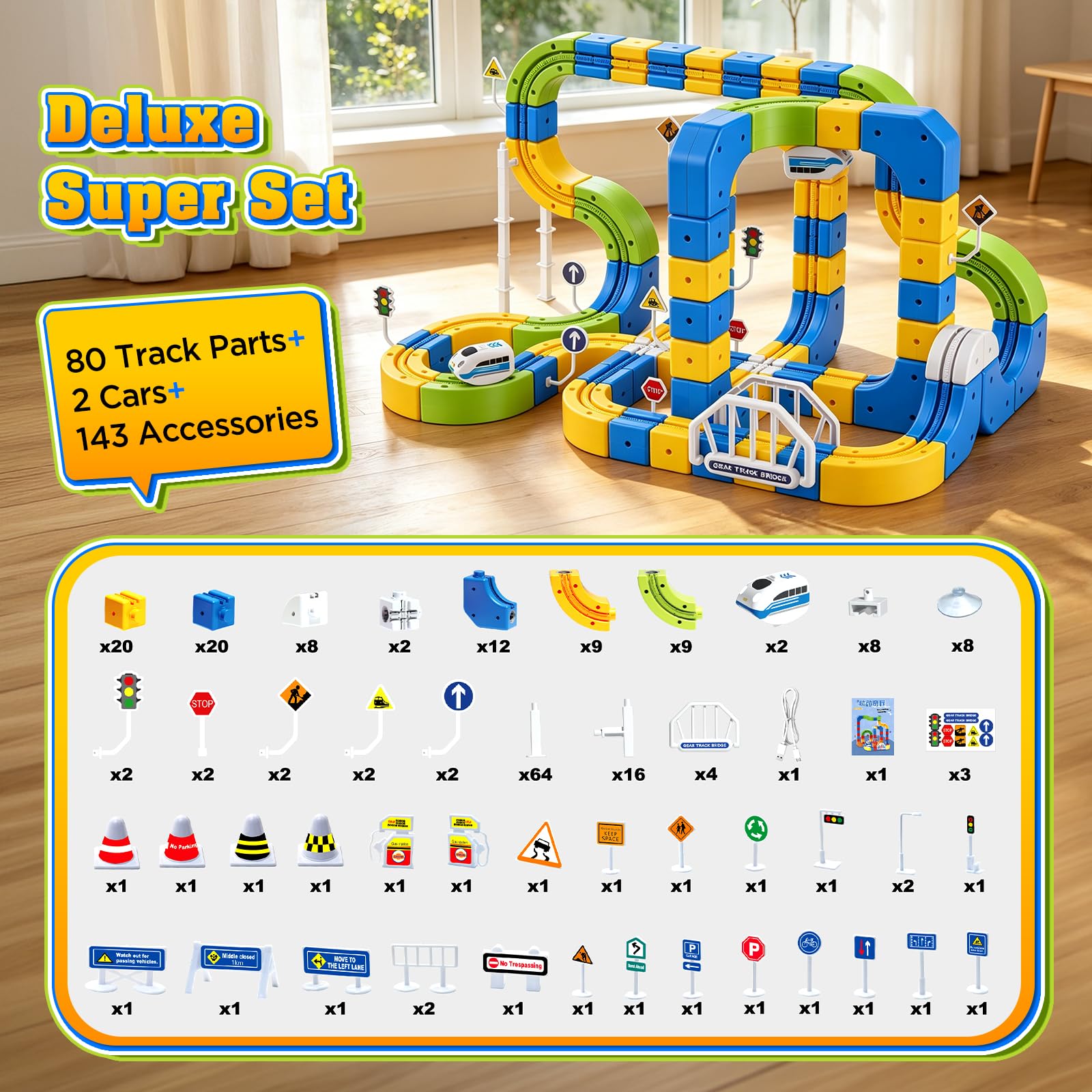 Set di trenino elettrico Click-Rail da 225 pezzi con 2 trenini più piccoli, binari flessibili, trenino a blocchi cubi fai-da-te con tracciati 3D che sfidano la gravità, ferrovia e blocchi magici