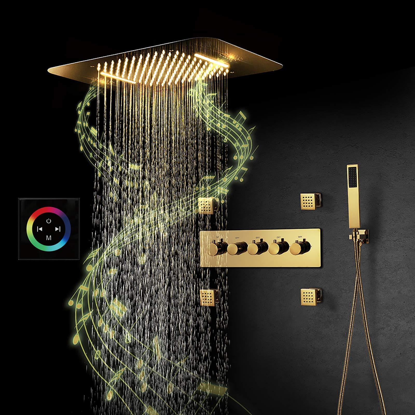 Music 64 kolory LED Ti-PVD złoty zestaw prysznicowy zestaw termostatyczny łazienkowy bateria prysznicowa zestaw z głowicą prysznicową, prysznicem ręcznym, dyszami nadwozia, pilot zdalnego sterowania