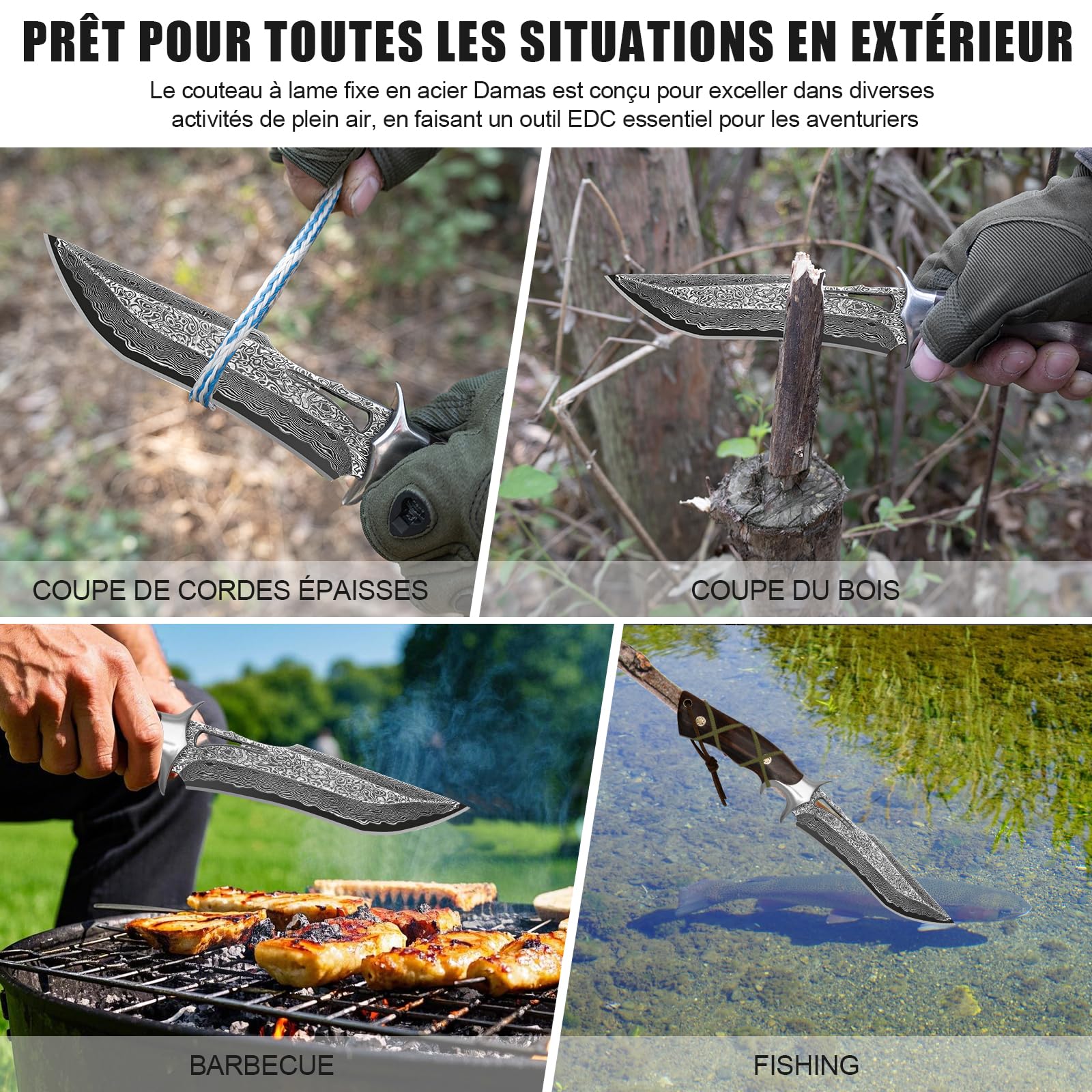 Couteau outdoor lame fixe 26,4 cm, couteau artisanal avec étui en cuir, acier damas 67 couches avec noyau VG10 et manche en bois, outil pour camping, bushcraft et activités en plein air