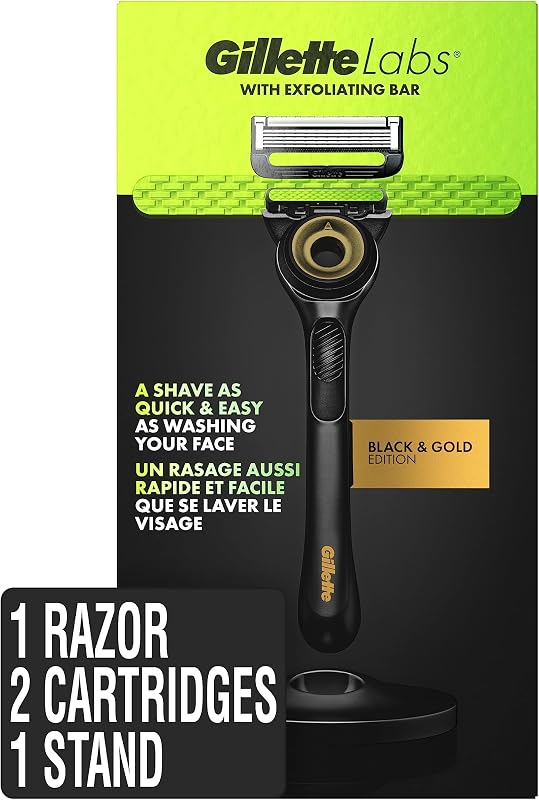 Gillette Labs Men's Razor, Shaving Kit Includes 1 Handle, 2 Blade Refills, 1 Premium Magnetic Stand, Black and Gold
