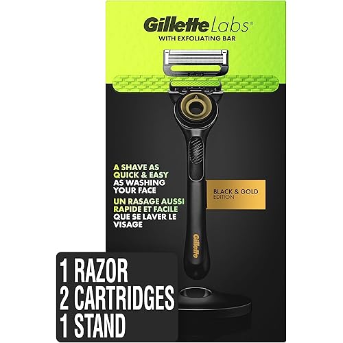 Gillette Labs Mens Razor with Exfoliating Bar, Shaving Kit for Men, Includes 1 Handle, 2 Razor Blade Refills, 1 Premium Magnetic Stand, Black and Gold, Razor for men