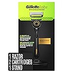 Gillette Labs Men\'s Razor with Exfoliating Bar, Shaving Kit Includes 1 Handle, 2 Blade Refills, 1 Premium Magnetic Stand, Black and Gold