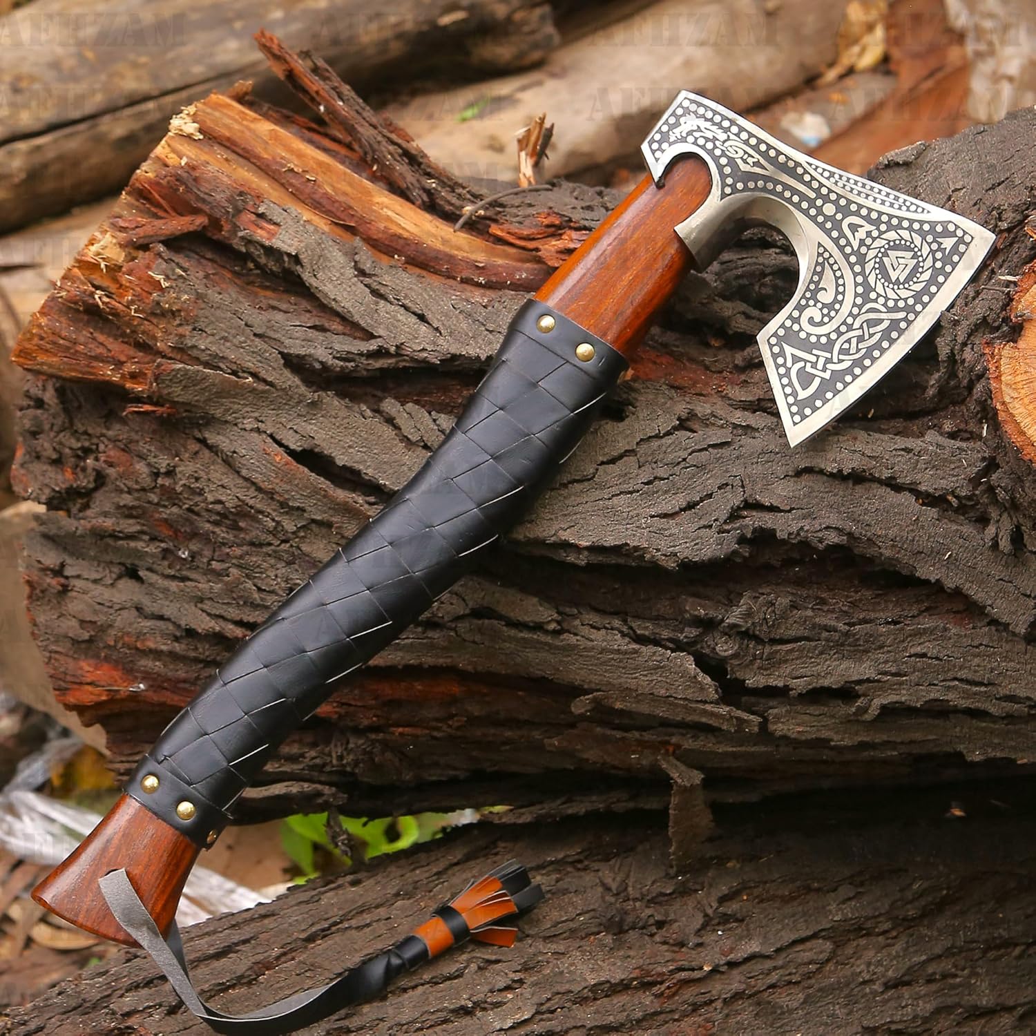 Viking Axe with Gift Vikings Knife Sheath | HandForged Carbon Steel Camping Axes and Hatchets Viking Gifts for Men | Bearded Vikings Valhalla Axe (Ax-64) - Image 3