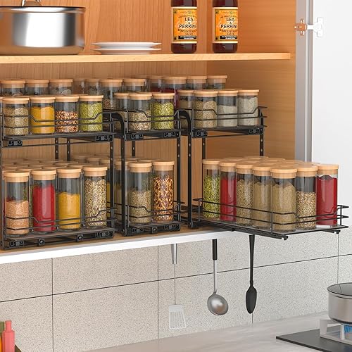 Miniatura 7 de Estante de especias de 2 niveles, organizador de estantes de especias extraíbles para gabinete, cesta de metal resistente de altura ajustable para