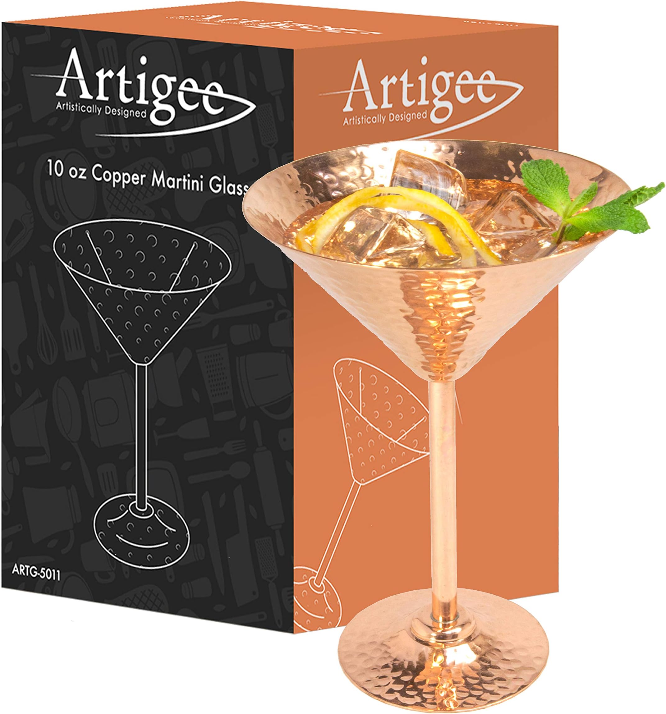 Artisan Copper Martini Glass 10 Ounce | 100% Pure Copper | Handcrafted With Beautiful Hammered Finish