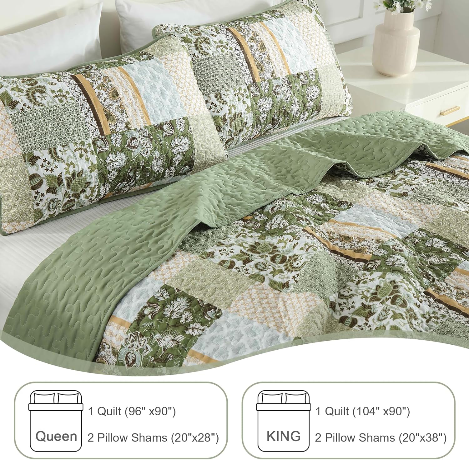 WONGS BEDDING Green Quilt Set King Size,Patchwork Plaid Printed Bedspread Coverlet Set,3 Pieces Summer Soft Microfiber Floral Bedding Set with 1 Quilt 2 Pillowcases - Image 6