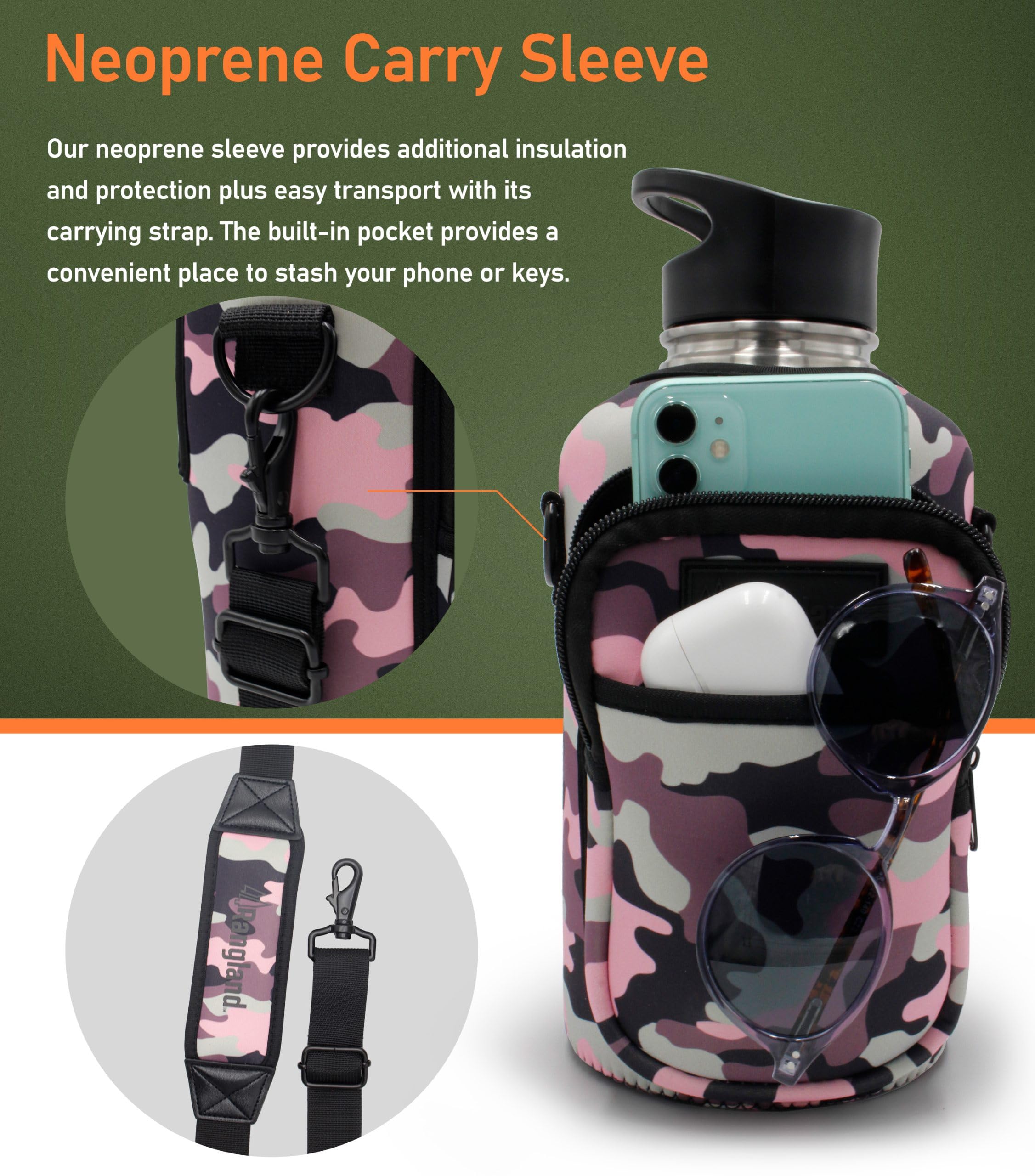 Isolierte 1,8 l gefilterte Wasserflasche für Damen, mit Crossbody-Tragetasche, Sport-Strohhalm-Deckel, Kohlefilter, Neoprenhülle mit Tragegurt (Edelstahl), Camouflage-Pink
