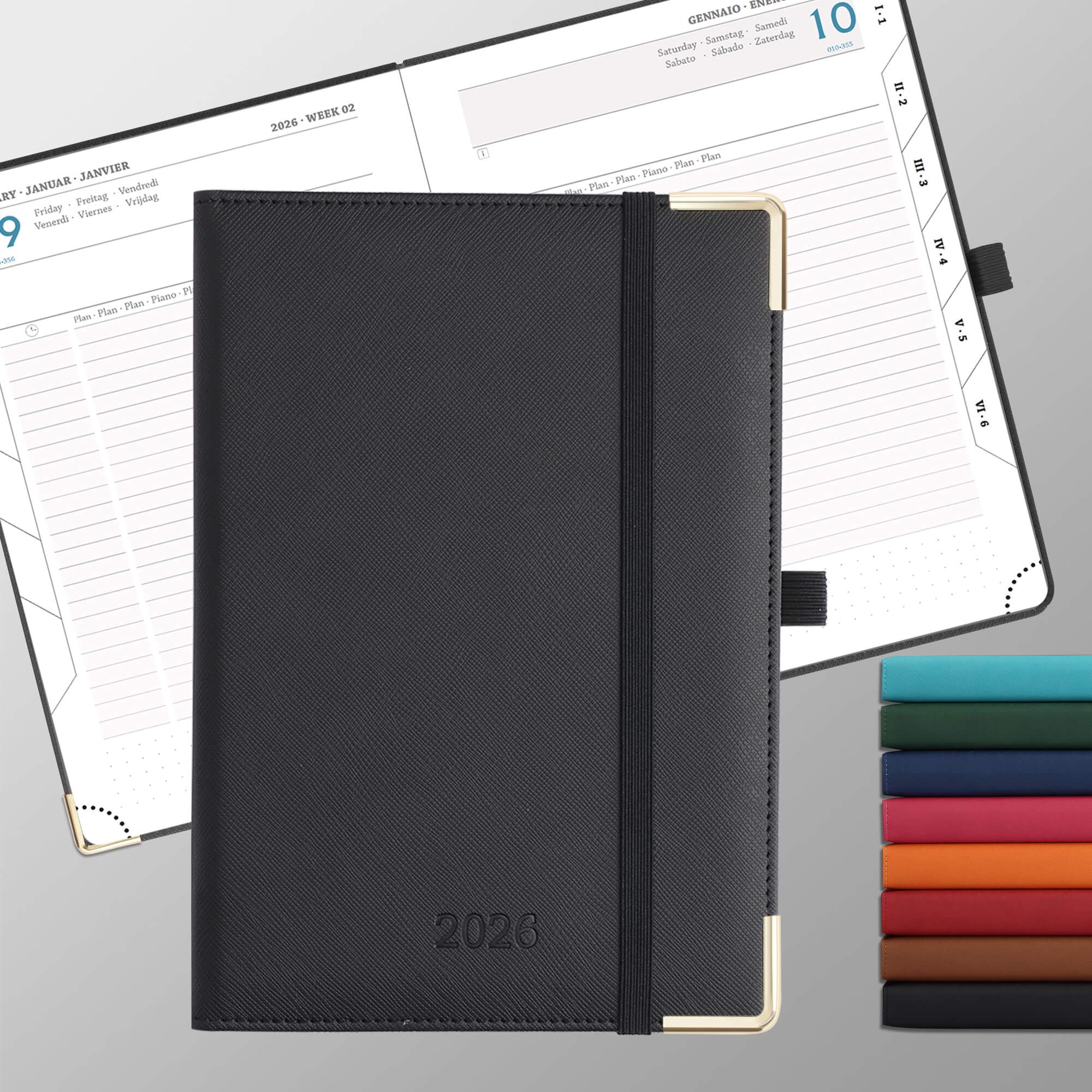 Agenda diaria 2026 de piel con tapa blanda, color negro