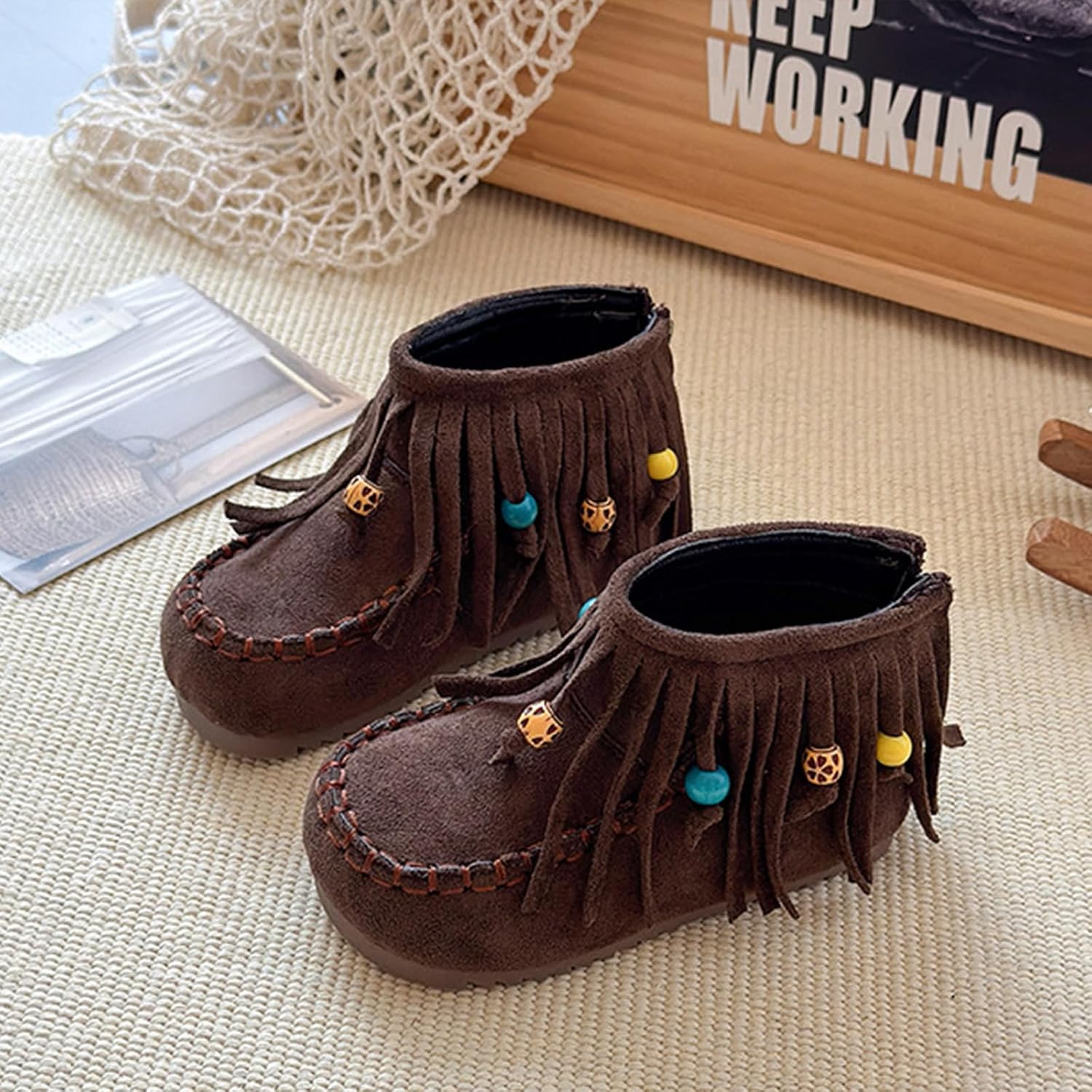 Moccasins Ankle Boots For Girls Tassel Cowboy Comfortable Back Zip Wide Toe Non Slip Soft Sole Cowgirl Booties