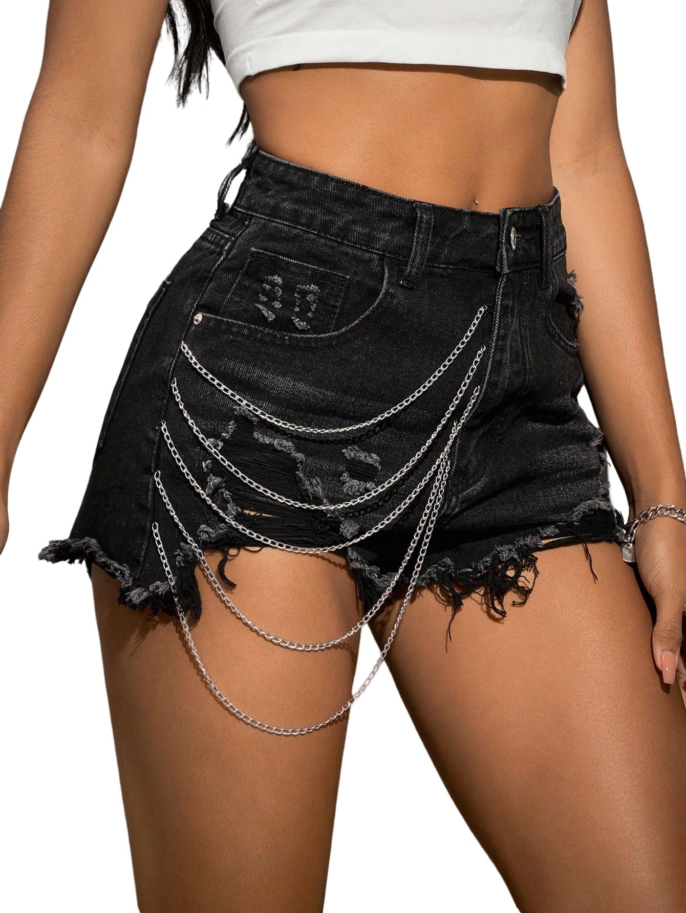 SOLY HUX Short en jean pour femme - Taille haute - Short sexy - Tenue rave - Avec trous - Tenue d'été