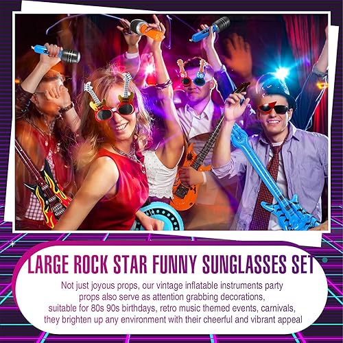 Miniatura 4 de MiniInflat Juego de 19 juguetes inflables de estrella de rock, accesorios inflables para fiestas de los años 80 y 90 con temática musical de Rock