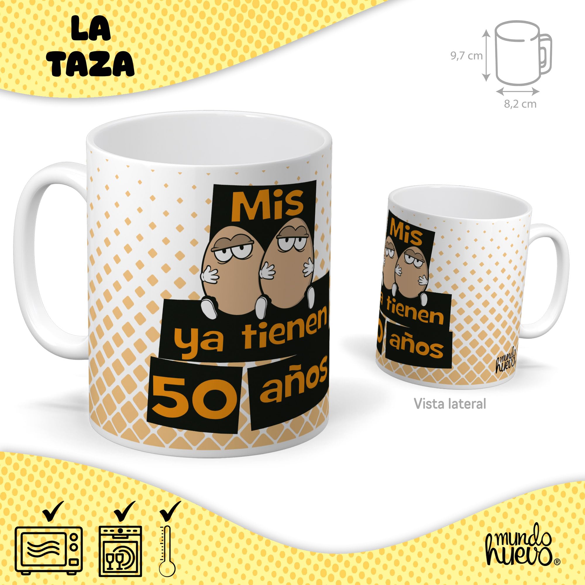 mundohuevo Pack Regalo 50 Años Hombre| Taza Divertida Mis Huevos ya tienen 50 Años + Caramelos de Broma Cincuentadol | Detalle Original y Gracioso para Cumpleaños Especial