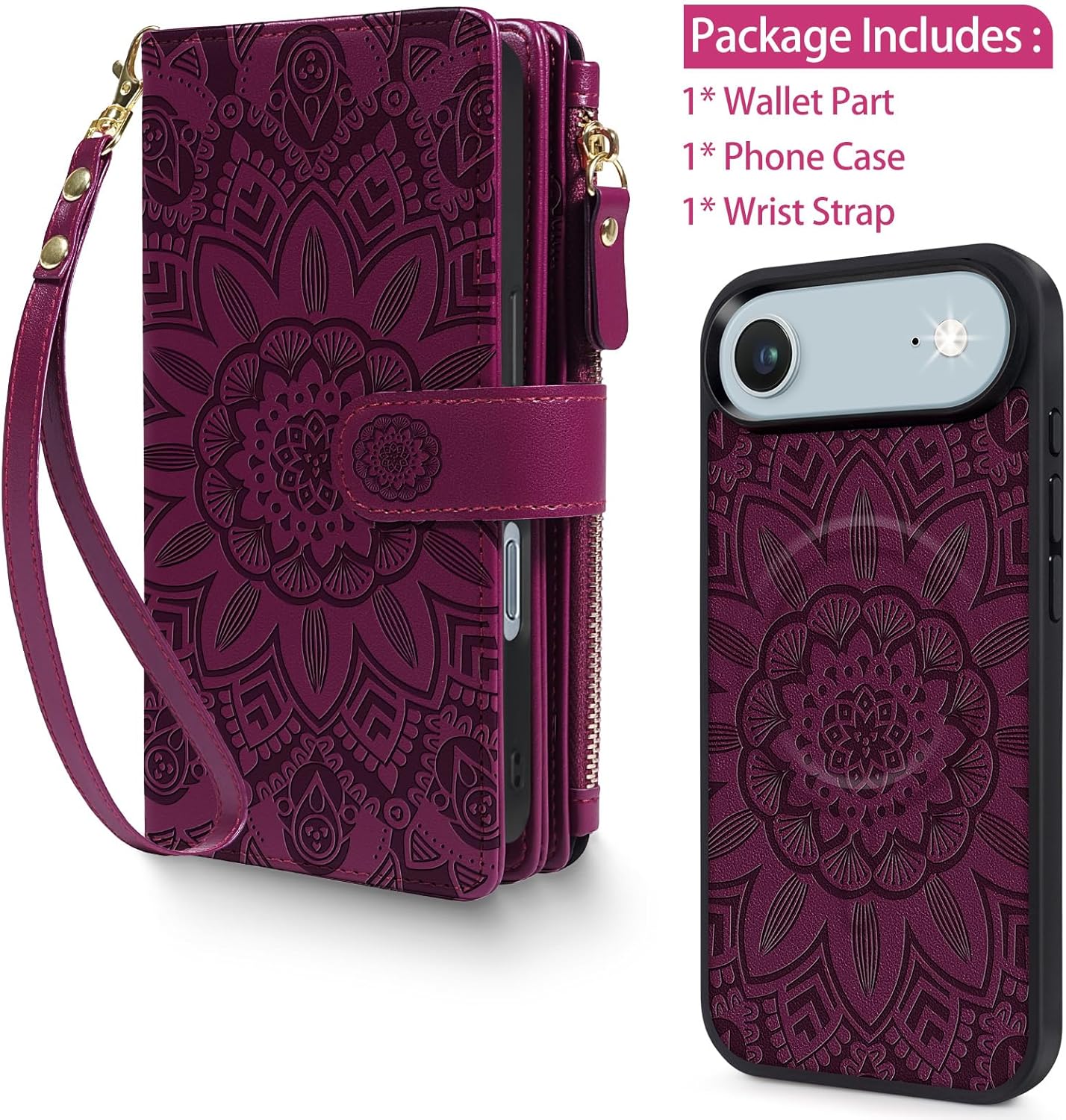 Harryshell 2 in 1 for iPhone 17 Air Wallet Case Magnetic Compatible with Magsafe RFID Blocking Card Holder Detachable Phone Cover Zipper Purse Kickstand Wrist Strap for Men Women Floral Burgundy - Image 7