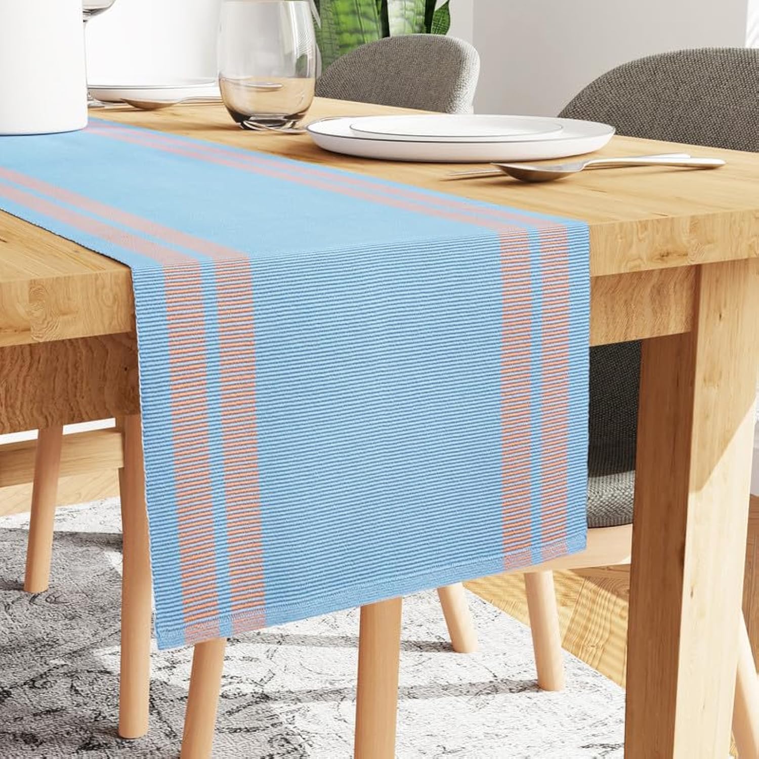 Encasa XO Table Runner | Yarn Dyed Fine Rib Cotton | Size 32 x 240 cm | Ladder Blue | Machine Washable