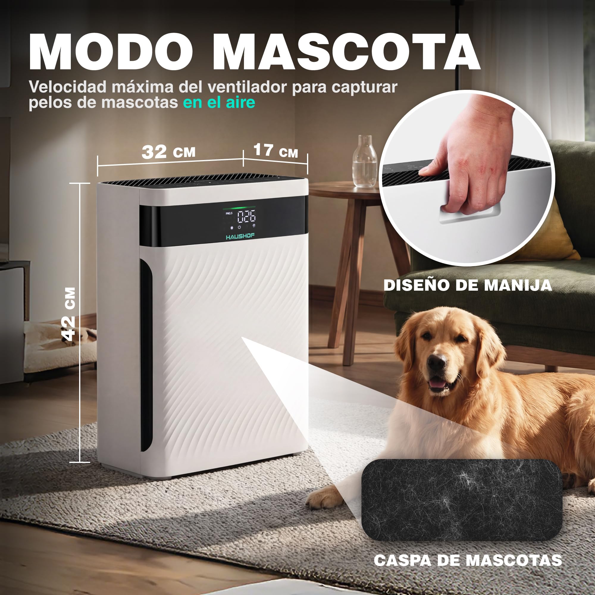 HAUSHOF Purificador de Aire con Filtro HEPA H13 | para Alergias, Polen, Humo, Caspa De Mascotas y Olores, Modo Mascota y Reposo, Silencioso 30dB