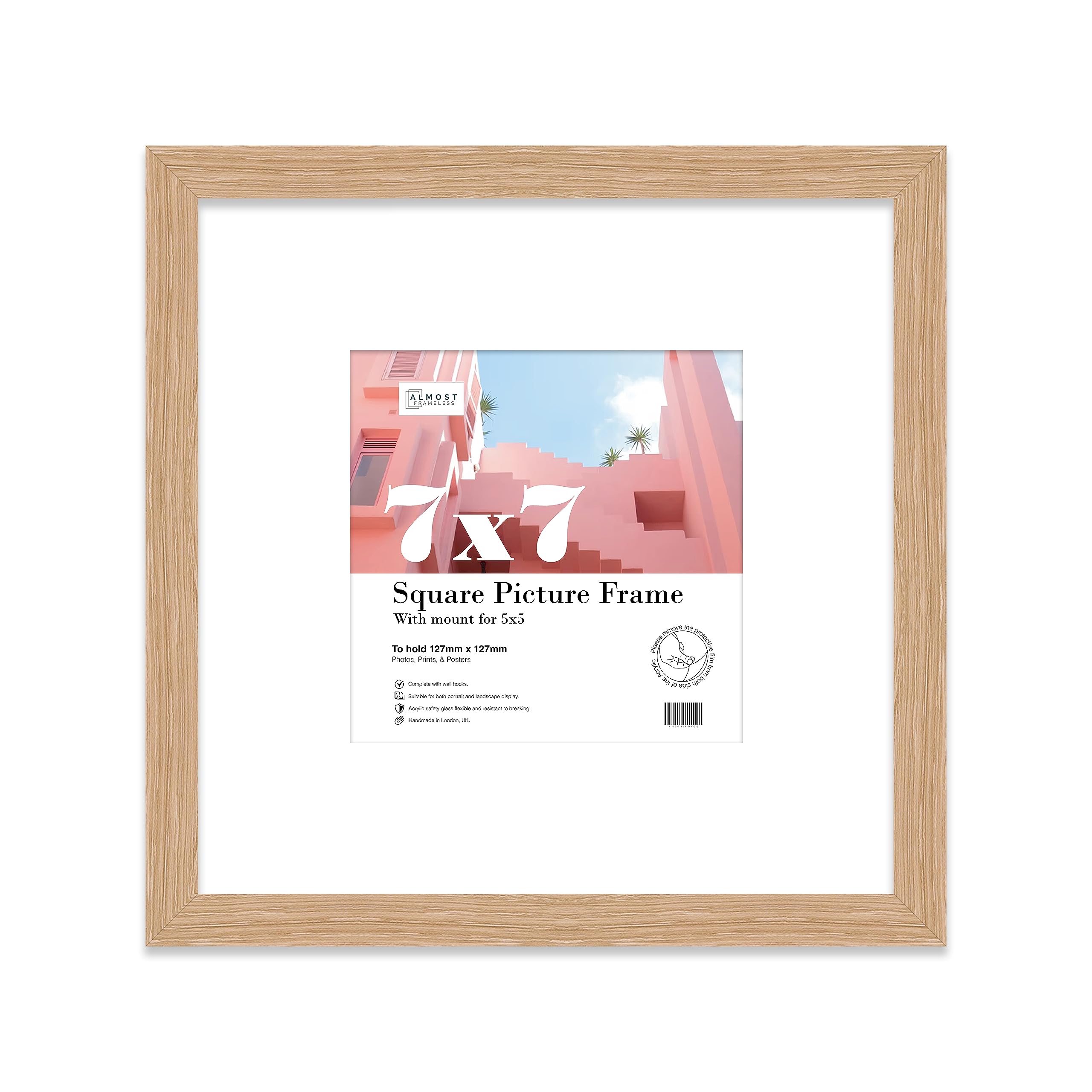 7x7 Oak Picture Frame with Mount for 5x5 Photos, Prints - Modern Square Wall Frame, 1 Pack