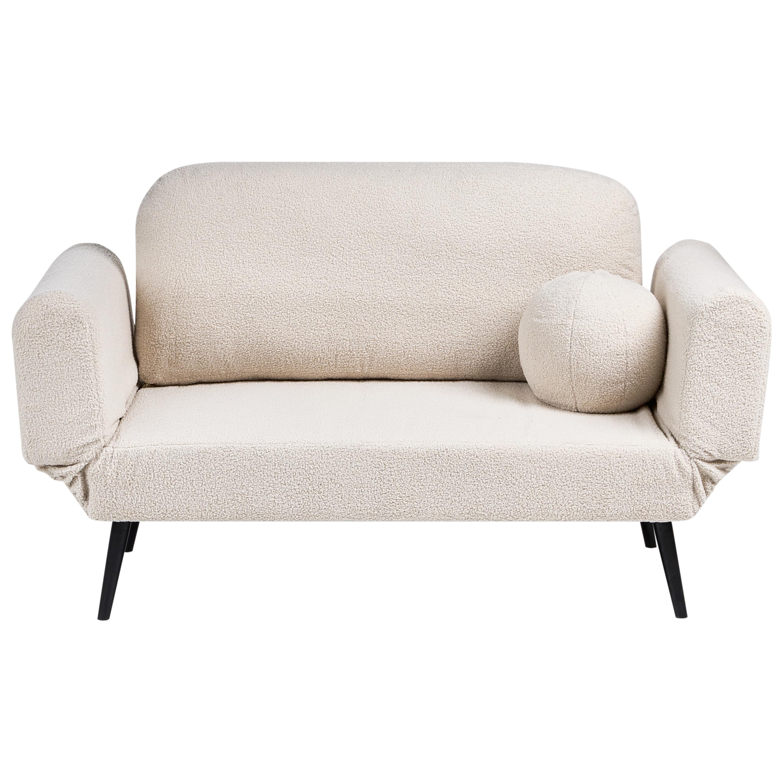 Sofa rozkładana z funkcją spania okrągła poducha tapicerowana boucle żelazne nogi salon sypialnia złamana biel Dorotea
