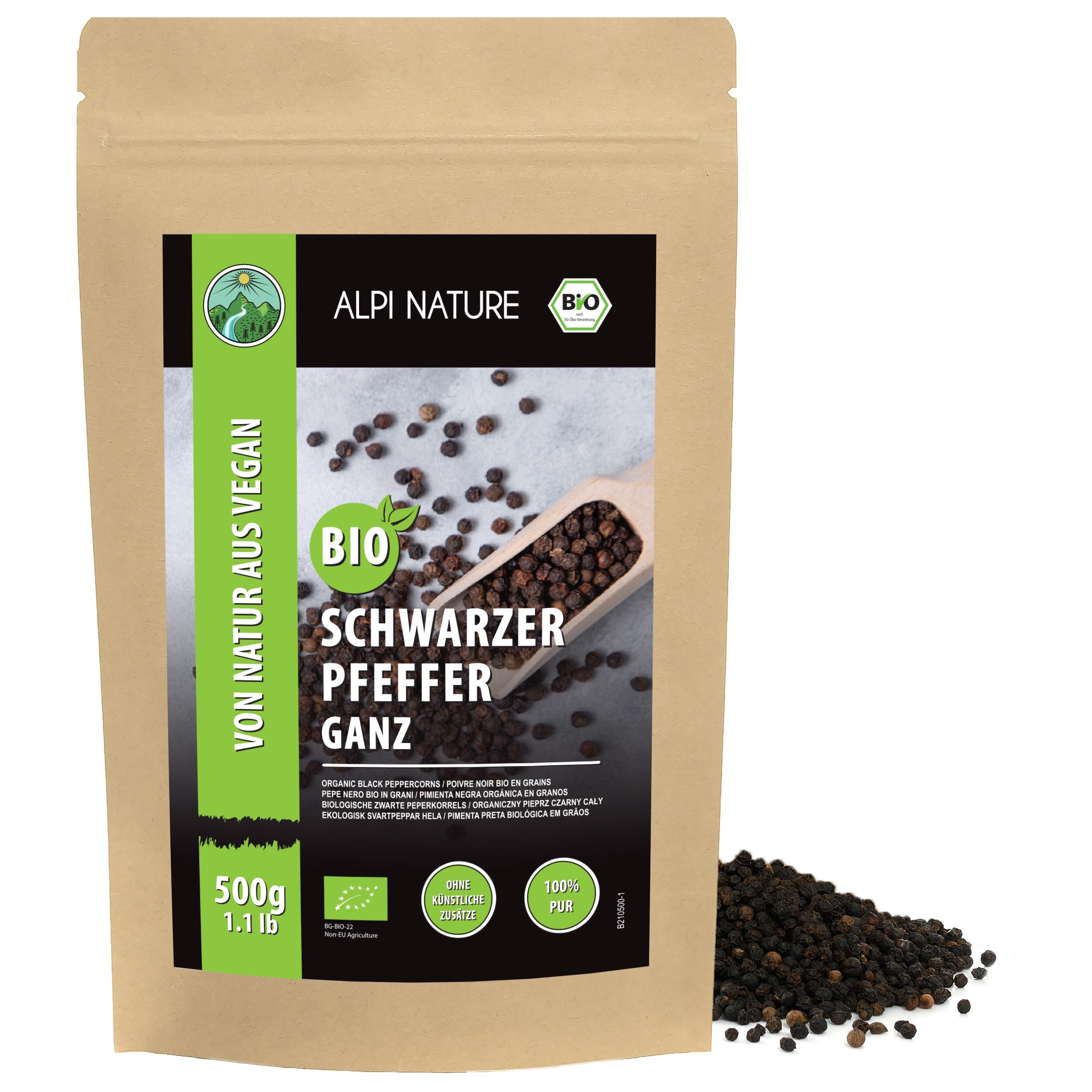 Alpi Nature Pimienta Negra Orgánica en Grano 500g, Granos de Pimienta Negra Enteros para Cocinar
