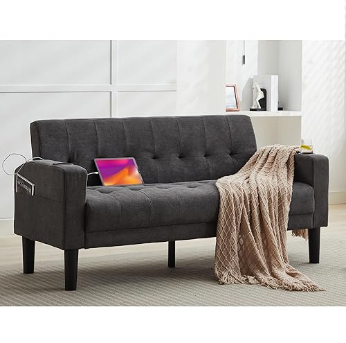 Miniatura 10 de TYBOATLE Sofá Loveseat de 62" de ancho con 2 puertos de cargador USB y 2 portavasos, pequeño asiento de amor de cuero negro con mechones estilo