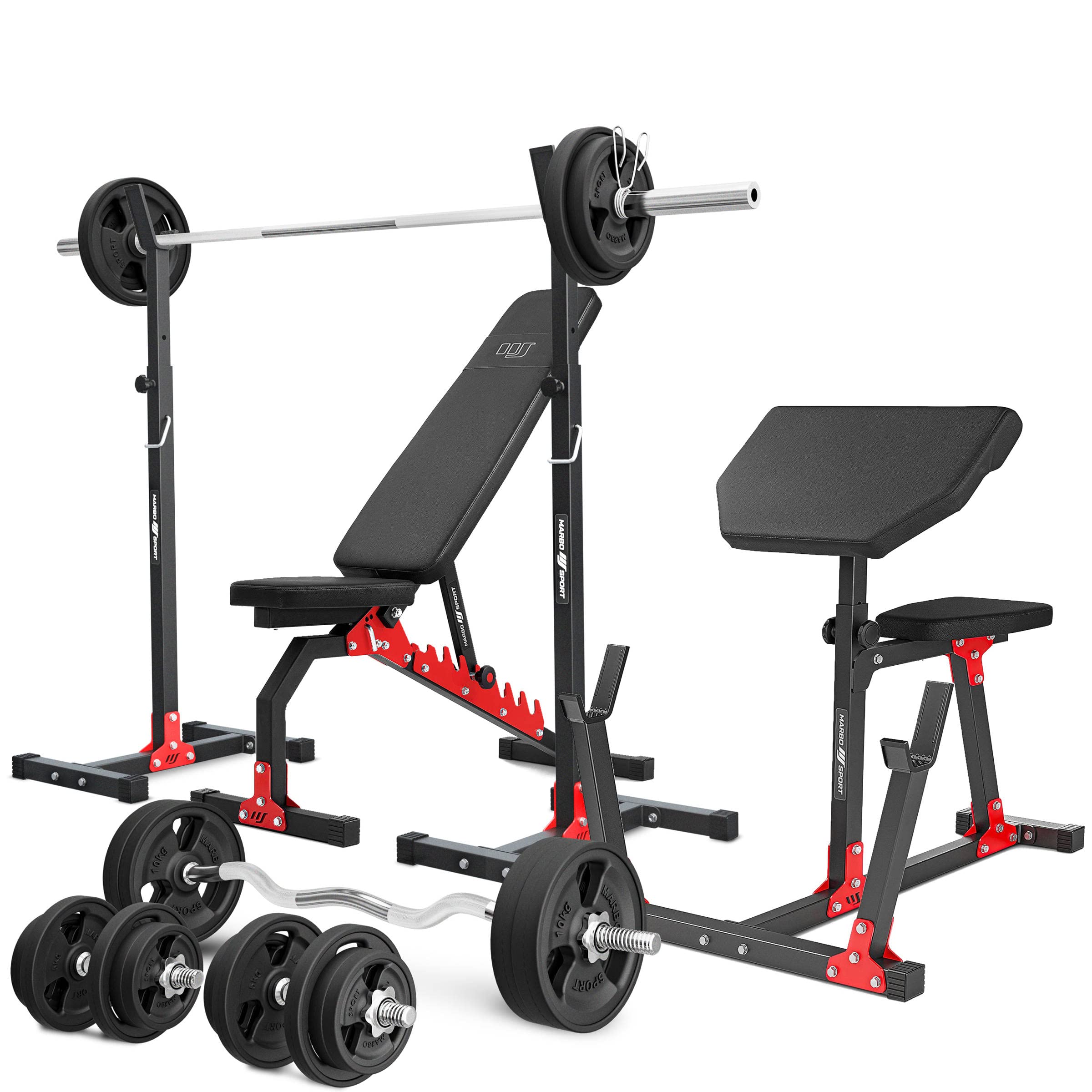Marbo Sport-Set MH9 – Hantelbank, 2-teiliger Langehantelständer, Curl-Bank, 1x SZ-Curlstange, 2X Kurzhantelstange, 1x Langhantelstange + Gewichtsscheiben/gummierte Gewichtsscheiben, 83/113 insg. Kg