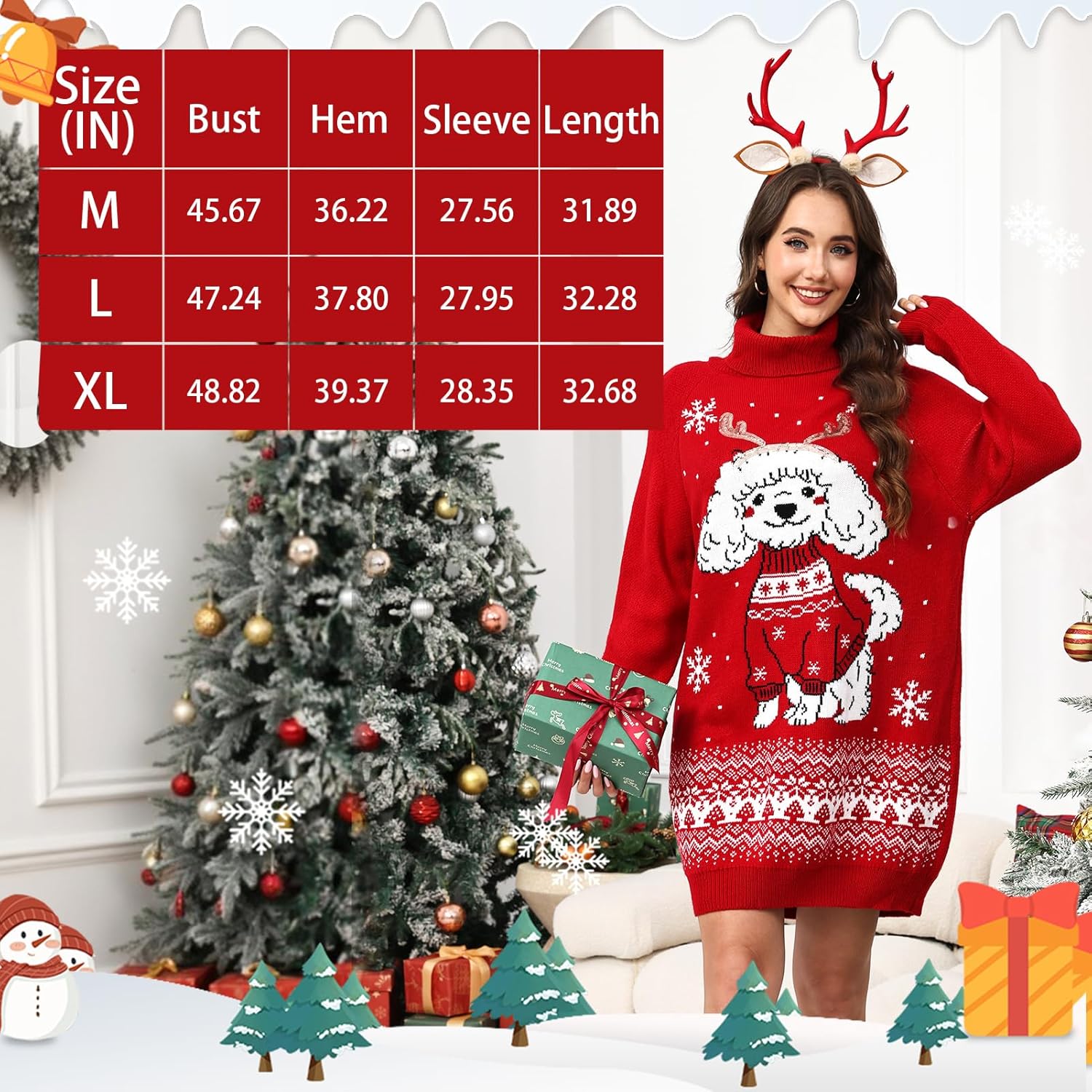 JATEBI Womens Ugly Sweater Dress with Pockets Snowflake Design Oversized Turtleneck Long Sleeve Dress for Winter Holiday Xmas - Image 4