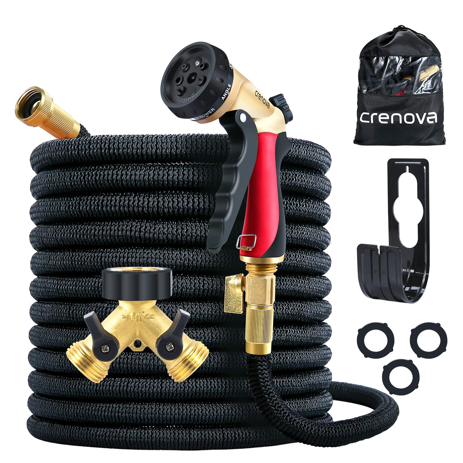 Crenova Garden Hose 100ft Expandable Water Hose with 7 Function Spray Nozzle, Brass Hose Splitter, Extra Strength Fabric, 3/4 Solid Brass Connector 4 Layer Latex Tube Lightweight Flexible Hose Pipe