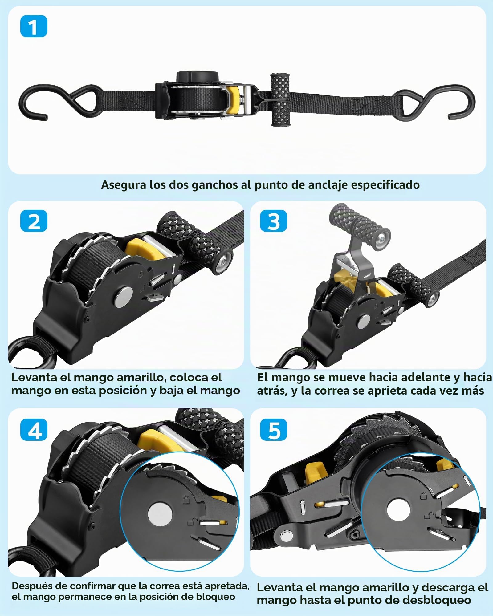 eSynic Cinchas de Amarre 4PCS Correas de Trinquete Retráctiles Automáticas LC 340daN / 680daN Correas de Amarre Retráctiles de 3.3 m * 25 mm con Ganchos y Manijas para Remolque, Moto y Furgoneta