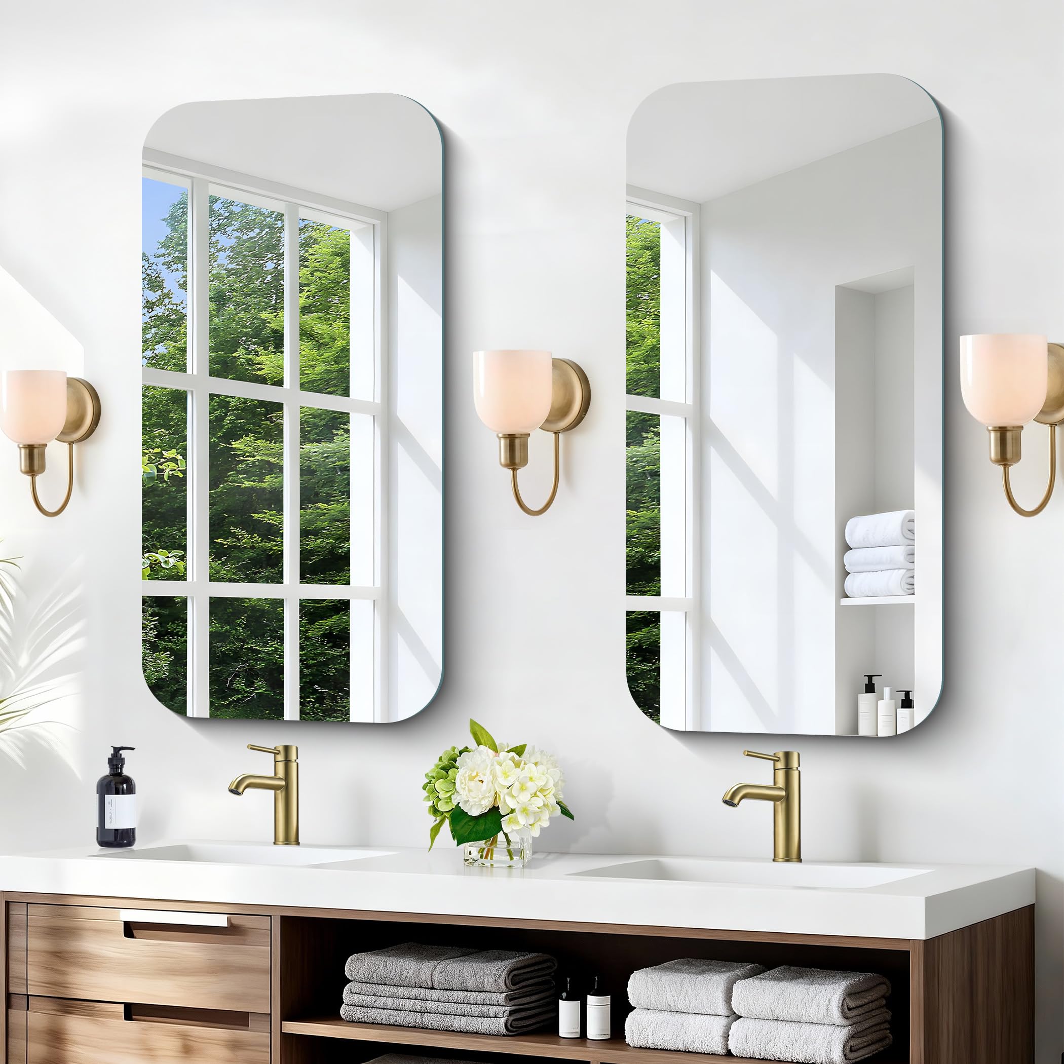Miroir mural rectangulaire 50 x 100 cm sans cadre avec coins arrondis, miroir rectangulaire pour salle de bain, chambre à coucher, salon, à suspendre horizontalement ou verticalement