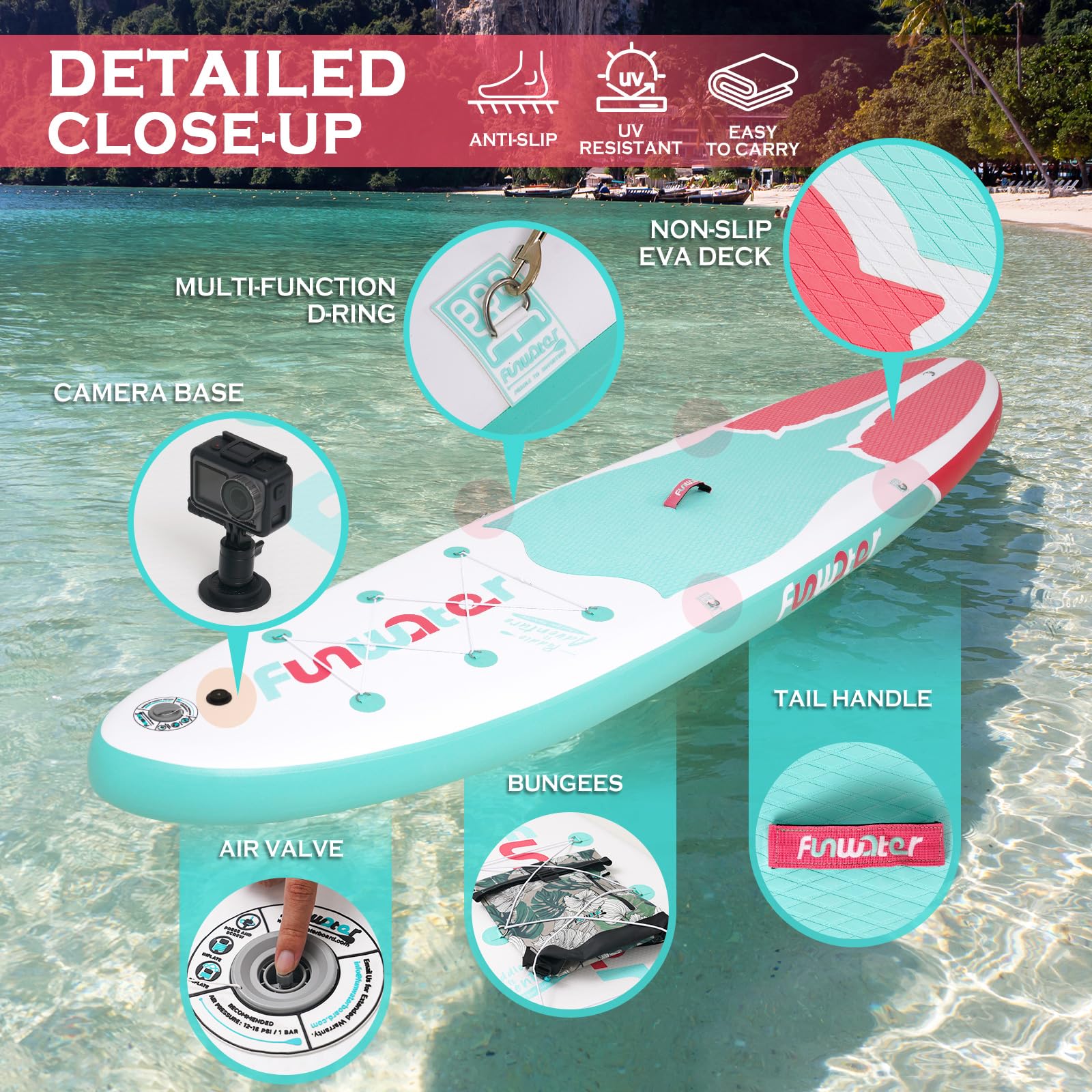 FunWater Tavola gonfiabile con pinne,guinzaglio di sicurezza, pompa a mano, pagaia,zaino Sup,per adulti e ragazzi di tutti i livelli