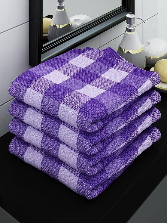 Athom Living Ecosaviour Premium Cotton Bath Towel Purple Big Checks (Pack of 4) at Rs. 288