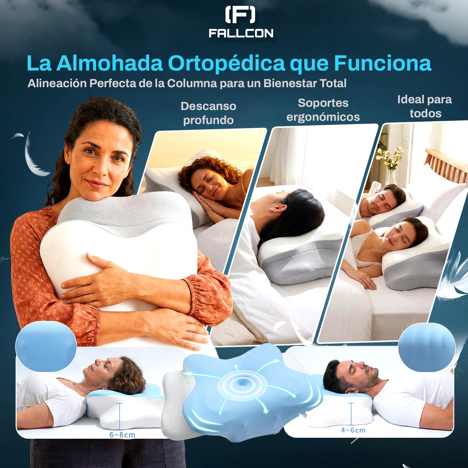 Almohada Cervicales y Cuello Premium | Almohada Cervical Viscoelástica Ergonómica 2 Alturas | Almohada Antironquidos Ortopédica para Dormir de Lado,Arriba y Abajo | Ice-Silk Transpirable